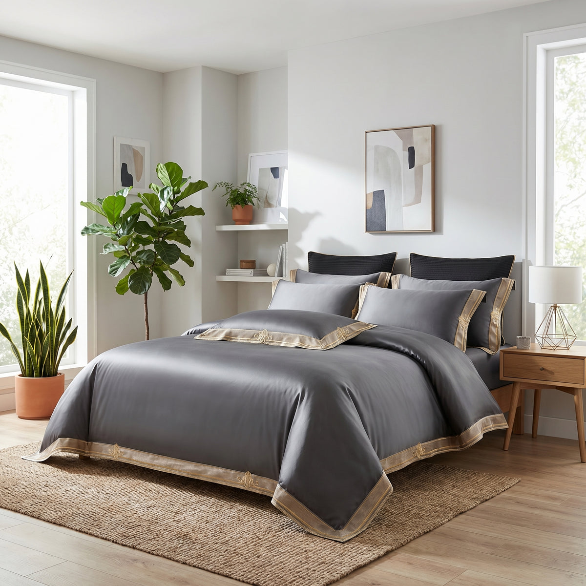 Luxury gray Egyptian cotton duvet cover set with elegant gold embroidery trim on a modern bed in a bright bedroom.