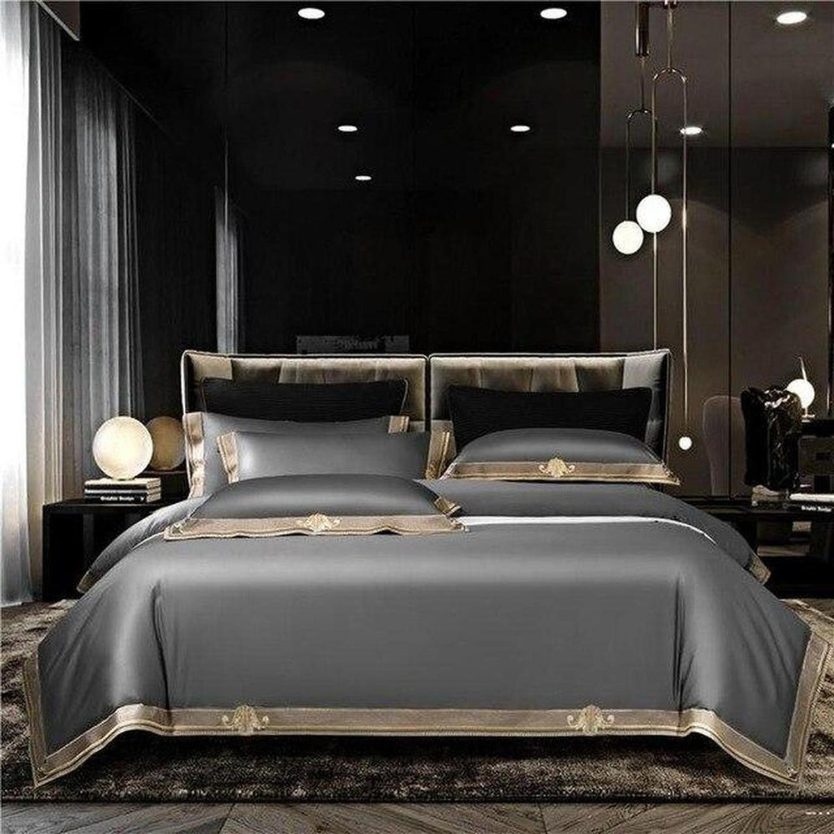 Luxury 1200 TC Egyptian cotton duvet cover set in gray with elegant gold embroidery in a modern bedroom.