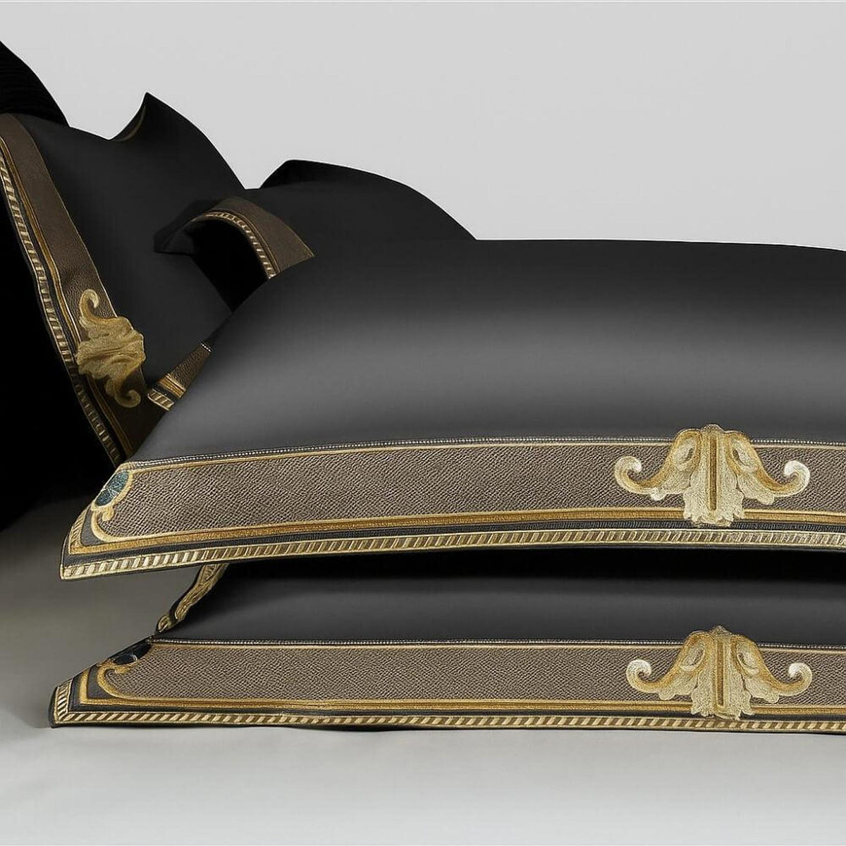Luxury 1200 TC Egyptian cotton duvet set in gray with intricate gold embroidery and elegant border detailing.