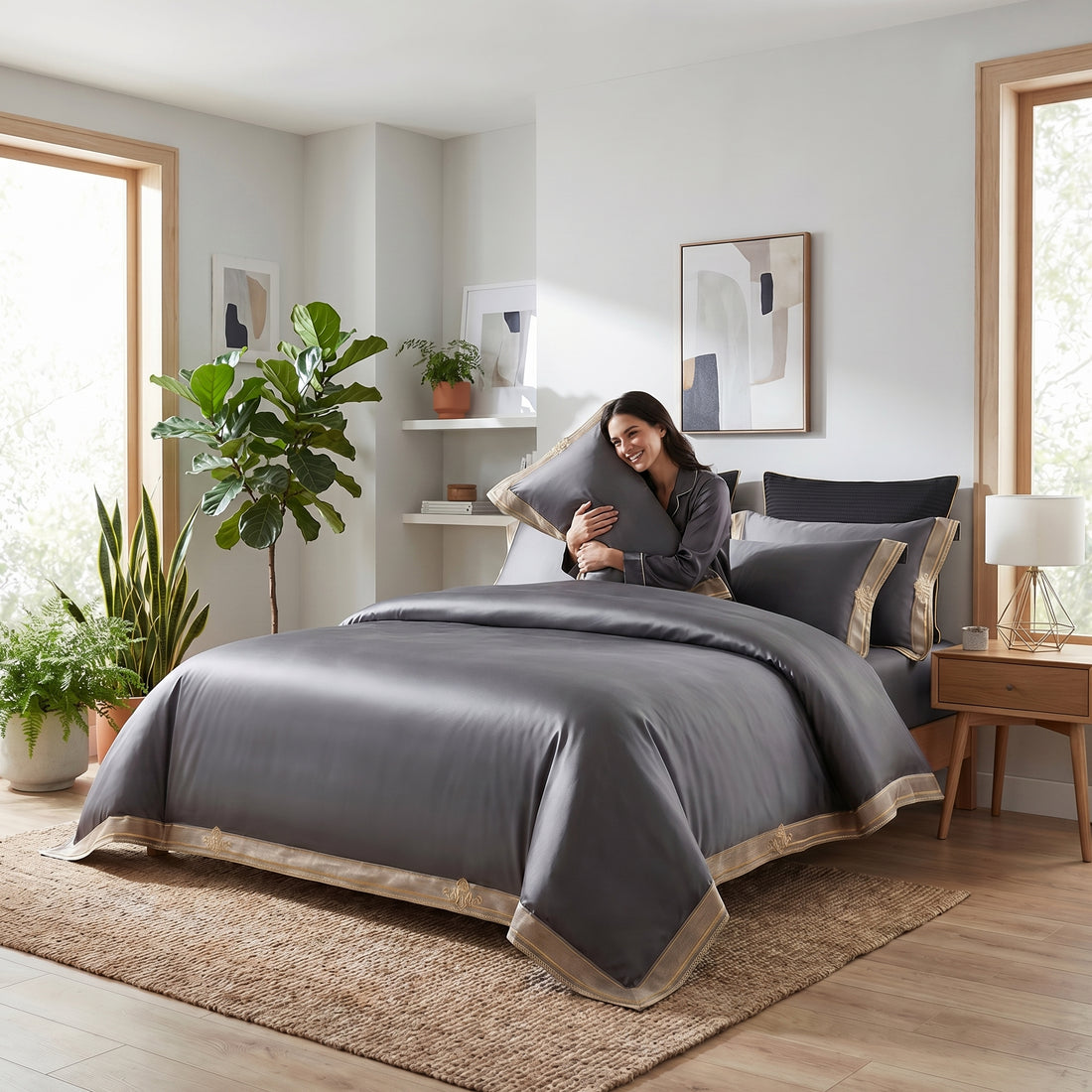 Luxury 1200 TC Egyptian cotton duvet cover set in gray with elegant gold embroidery on a made bed in a modern bedroom.