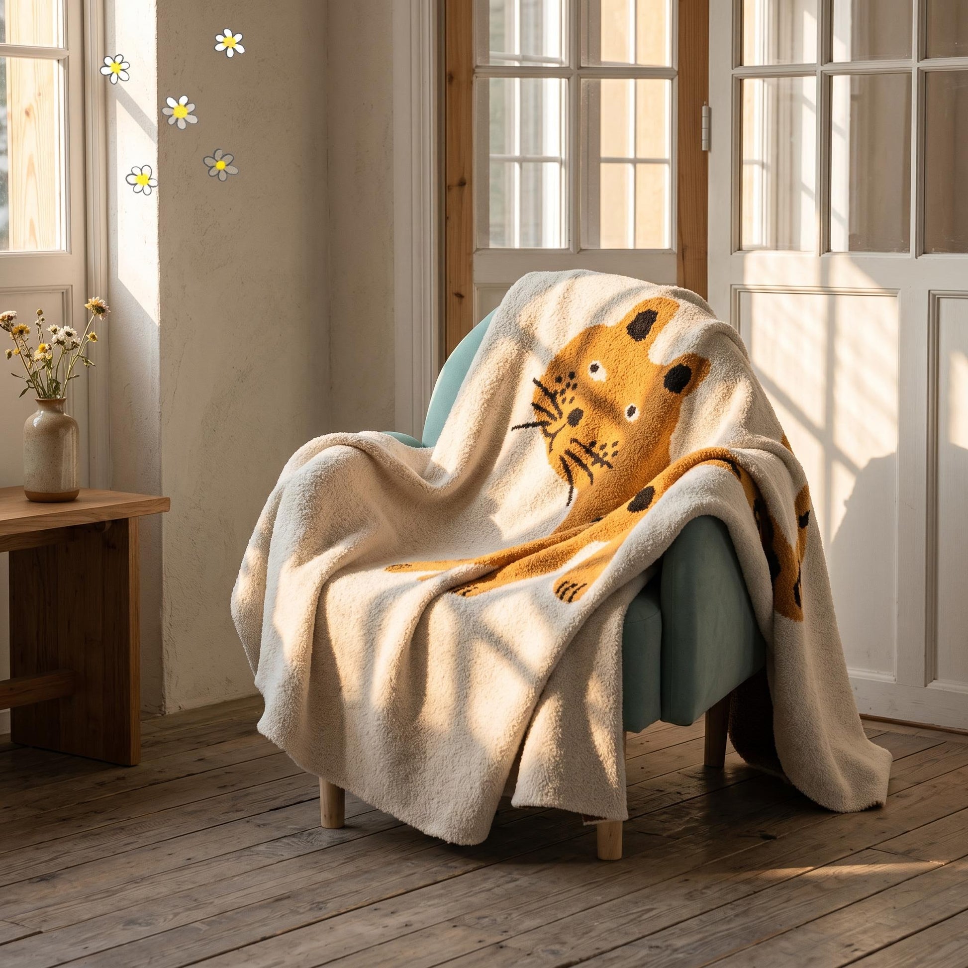 Hand-knitted half-velvet blanket with a large orange leopard face design draped over a light blue armchair.
