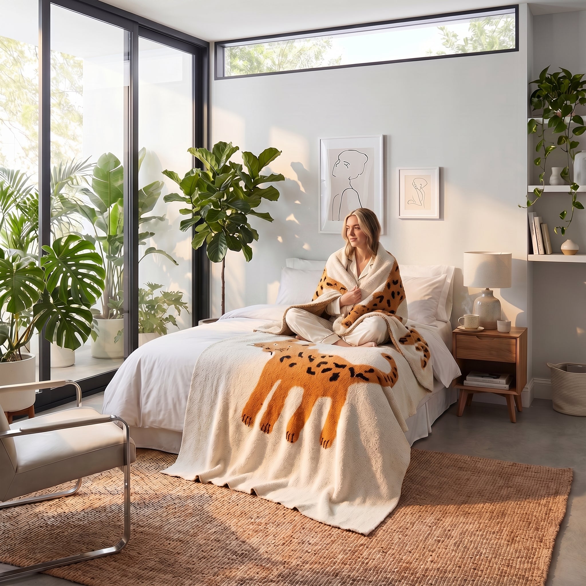 Woman on a bed with a hand-knitted Marula leopard blanket and pillow cover set in a bright room.