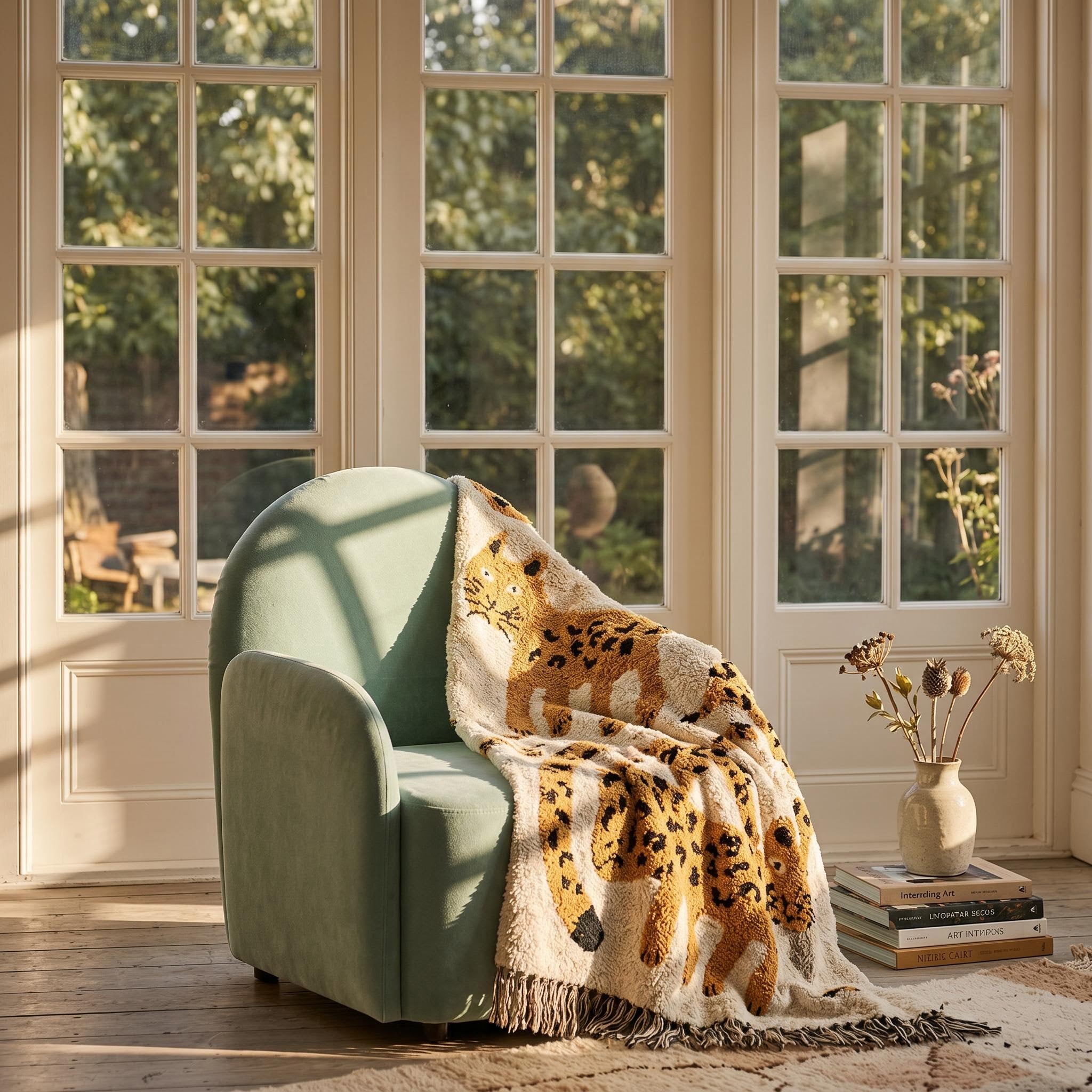 Hand-knitted Marula leopard blanket draped over a light green velvet armchair in a sunny room.