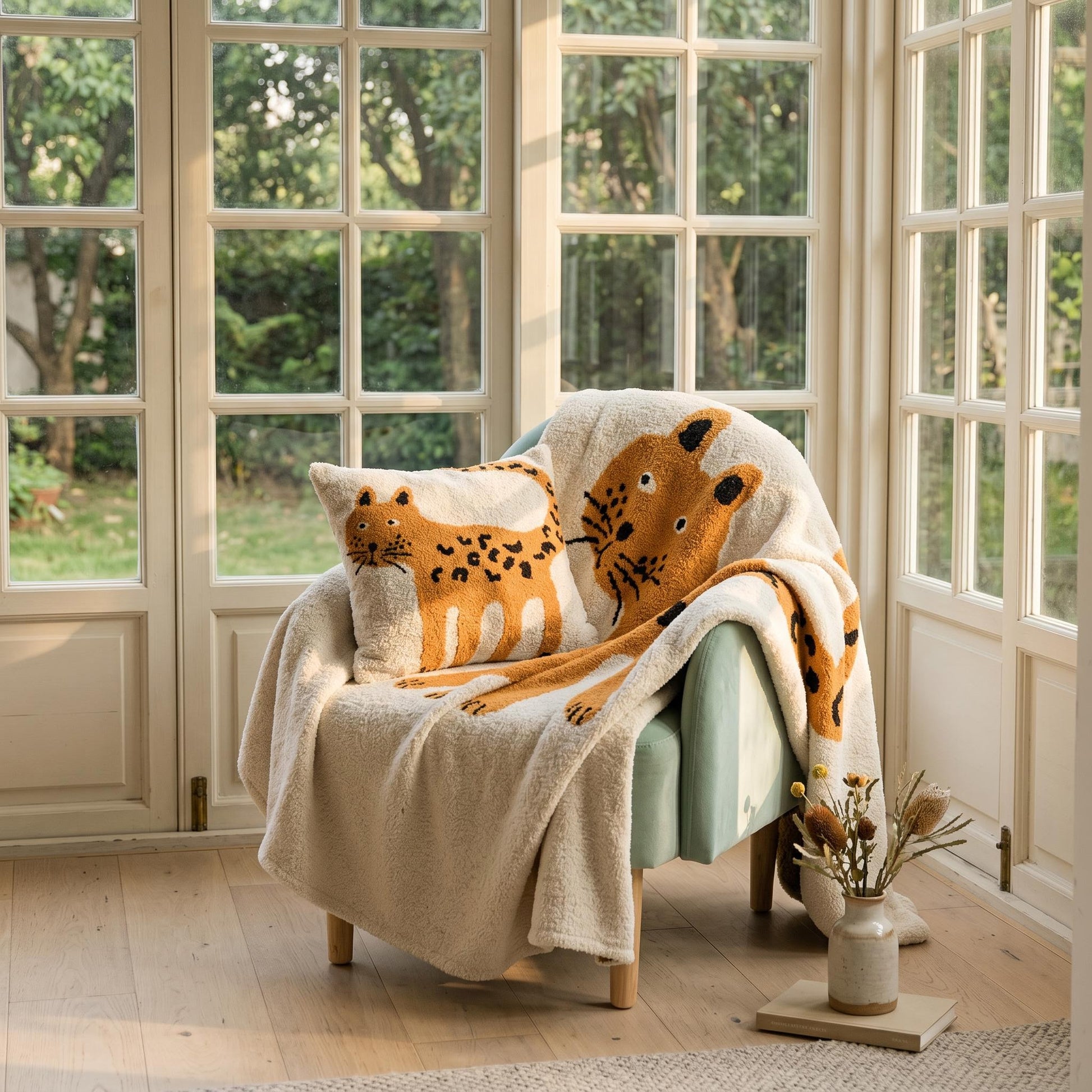 Hand-knitted half-velvet Marula Leopard blanket and pillow set on a chair by a window.