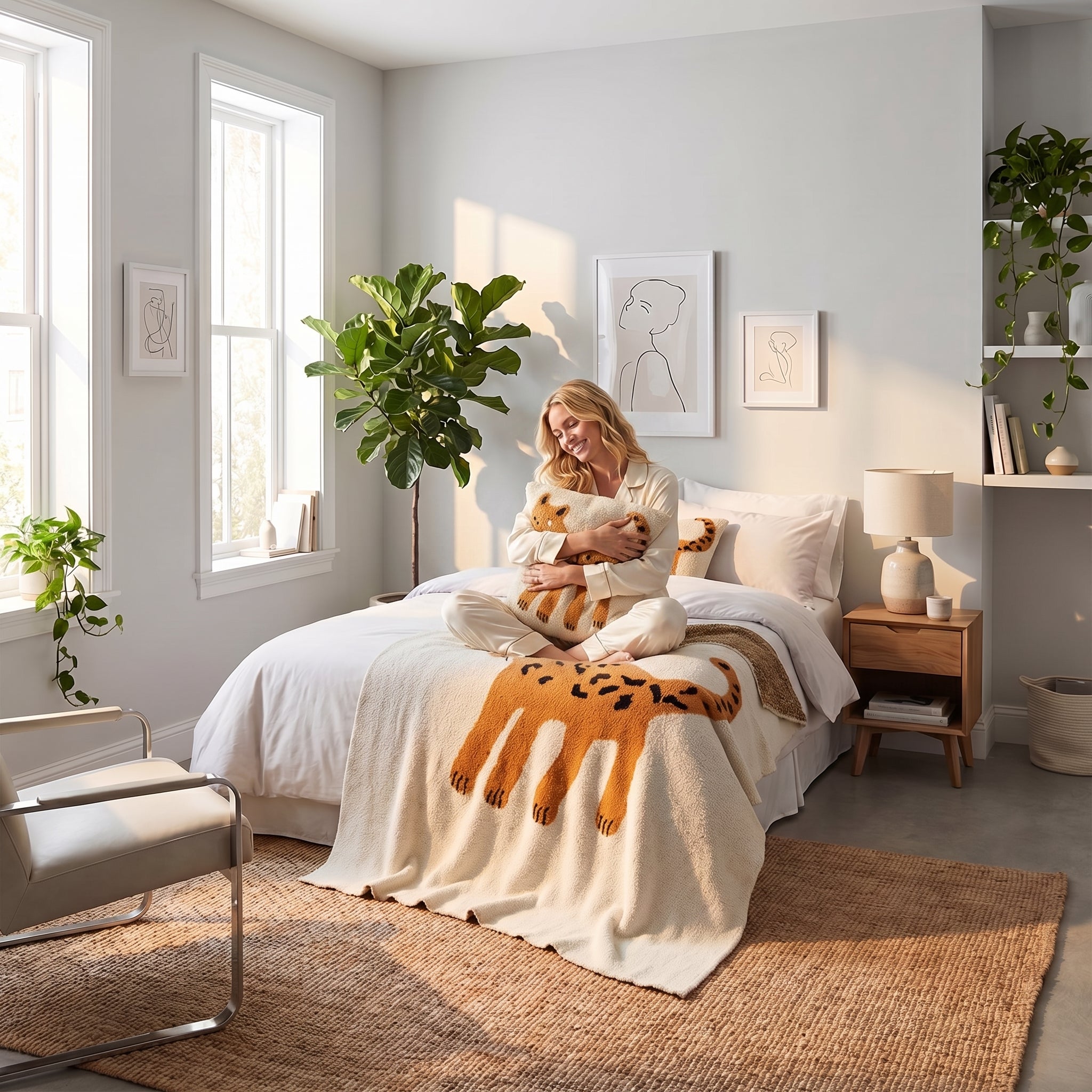Woman in a bright bedroom hugging a Marula Leopard half-velvet knitted blanket and pillow cover set.