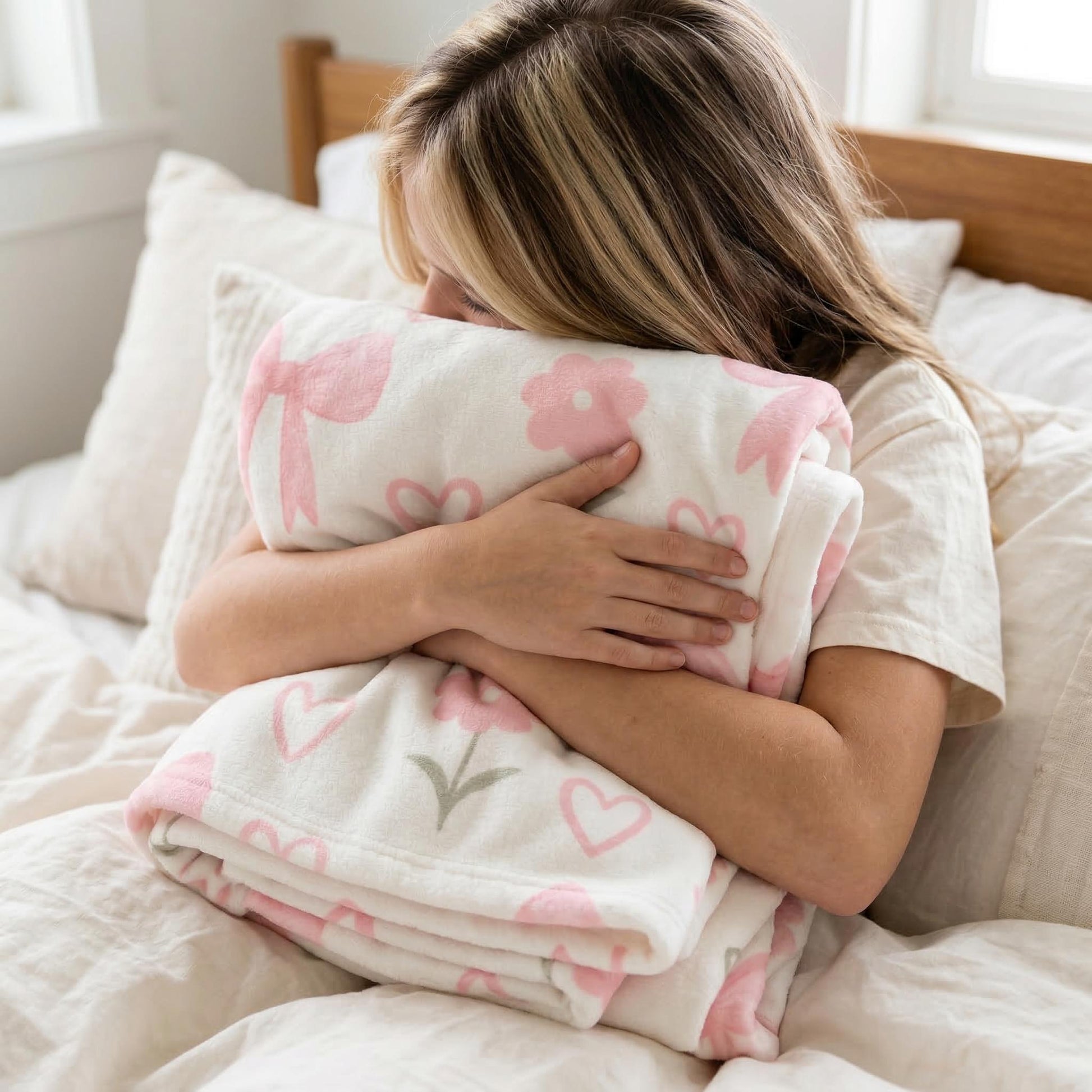 Cozy girl hugging a folded white flannel blanket with pink heart and flower designs.