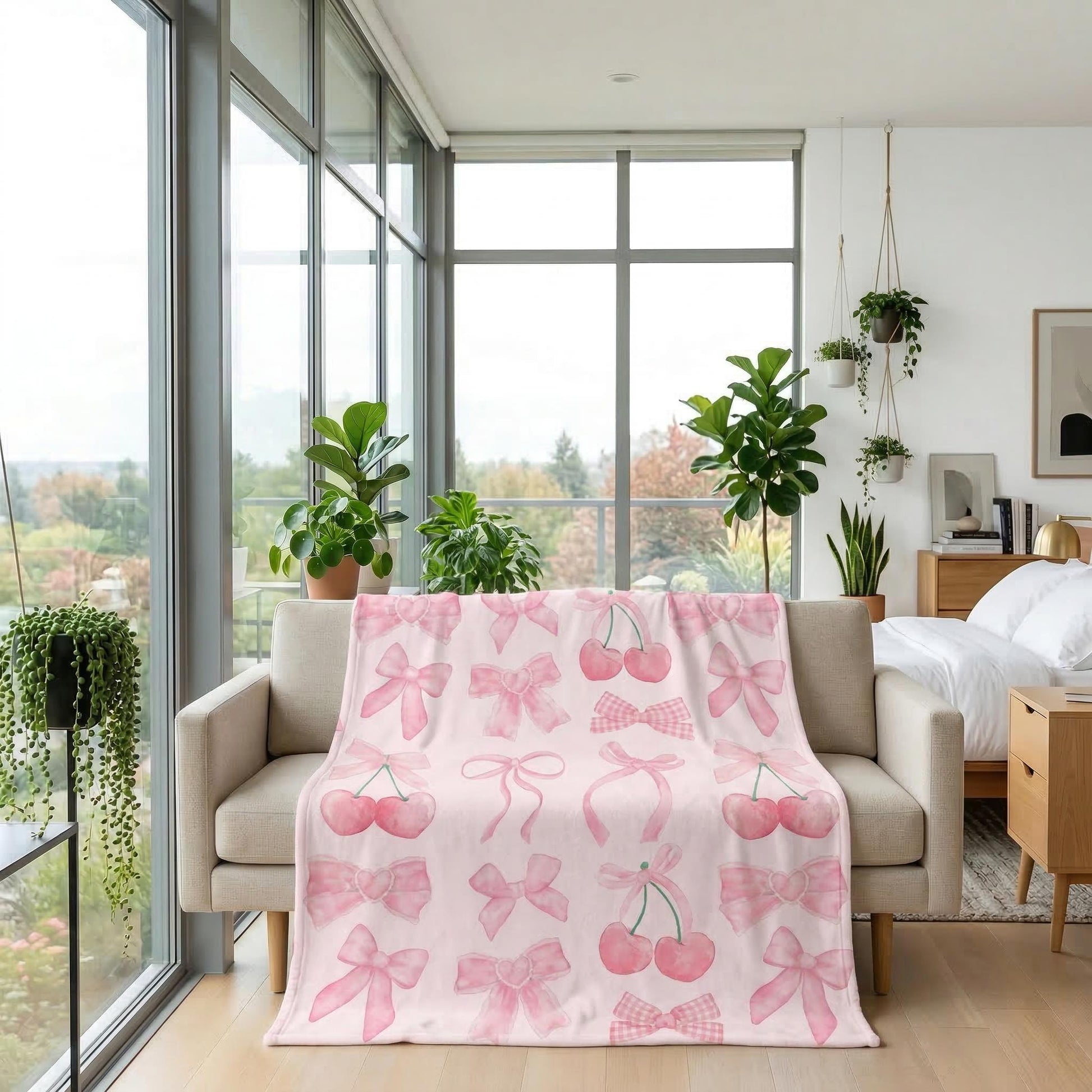 Pink microfiber flannel blanket with cherry and bow pattern on a beige sofa in a bright room.