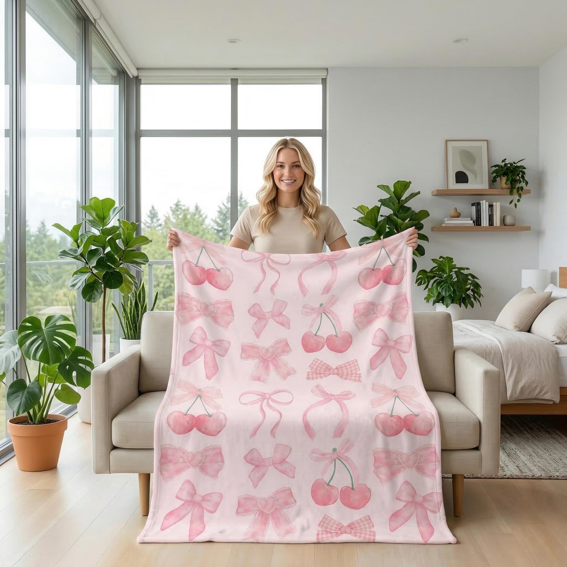 Blonde woman holding a pink flannel blanket with cherry and bow designs in a bright living room.