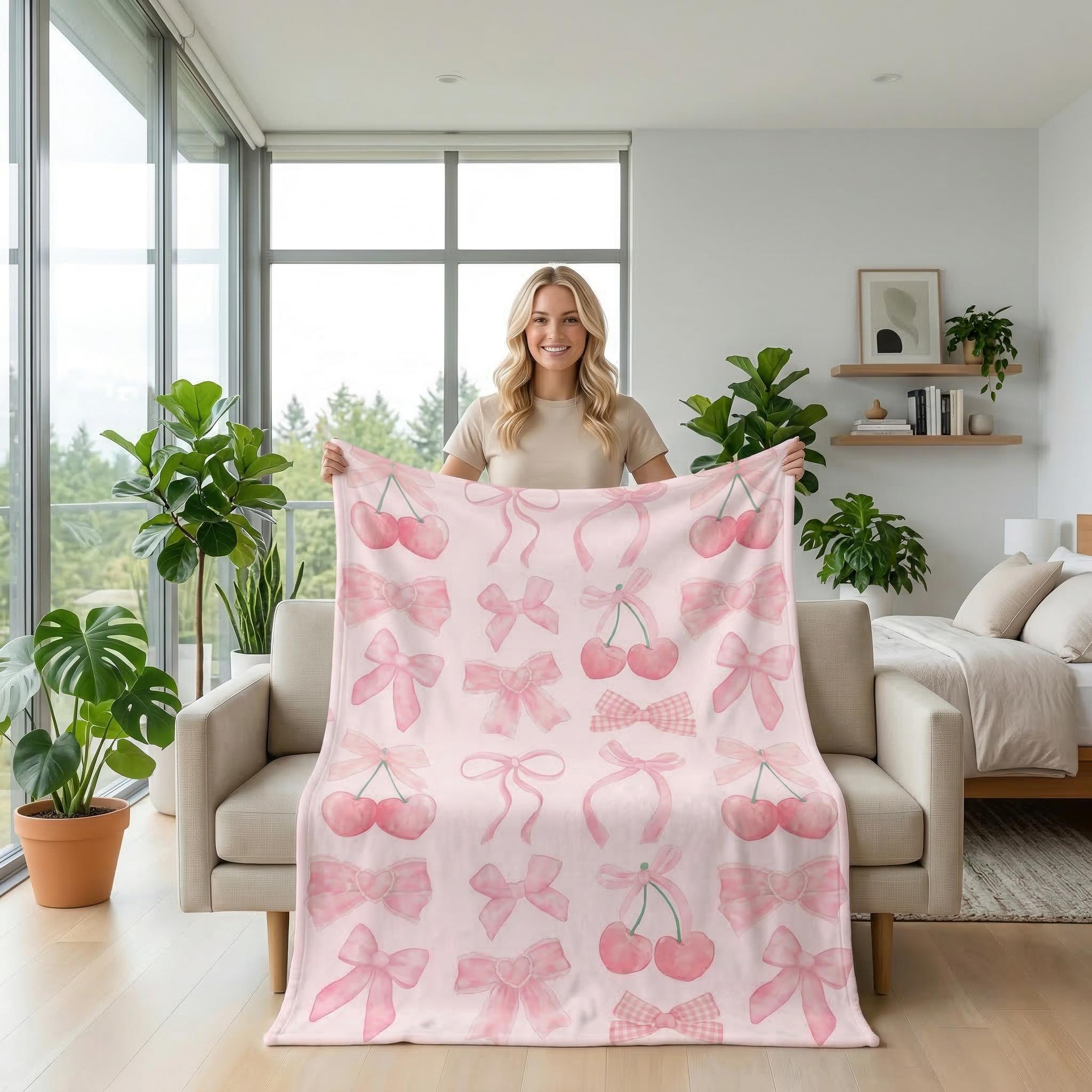 Blonde woman holding a pink flannel blanket with cherry and bow designs in a bright living room.