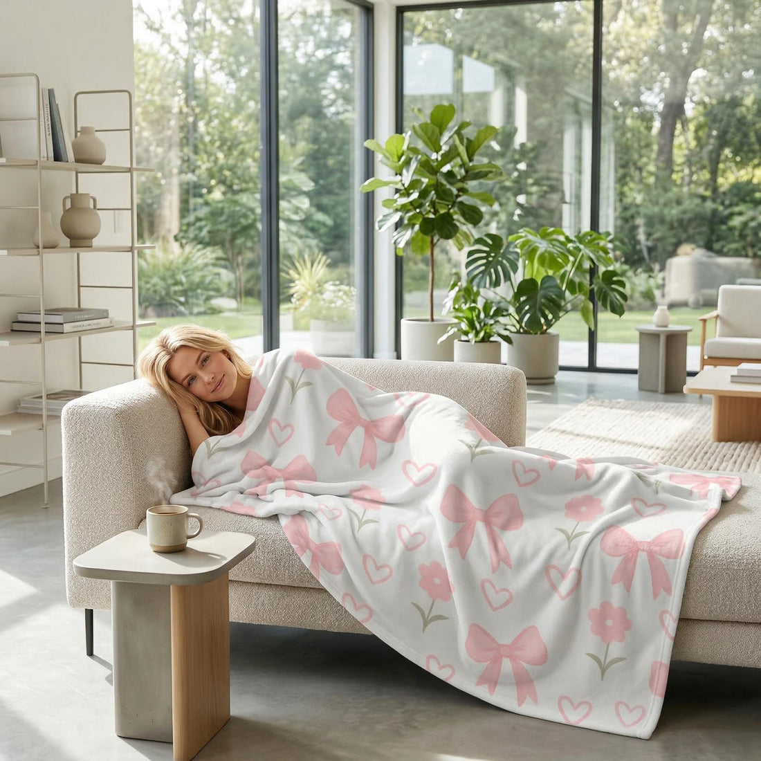 Blonde woman relaxing on a sofa, covered by a white flannel blanket with pink bows, hearts, and flowers.