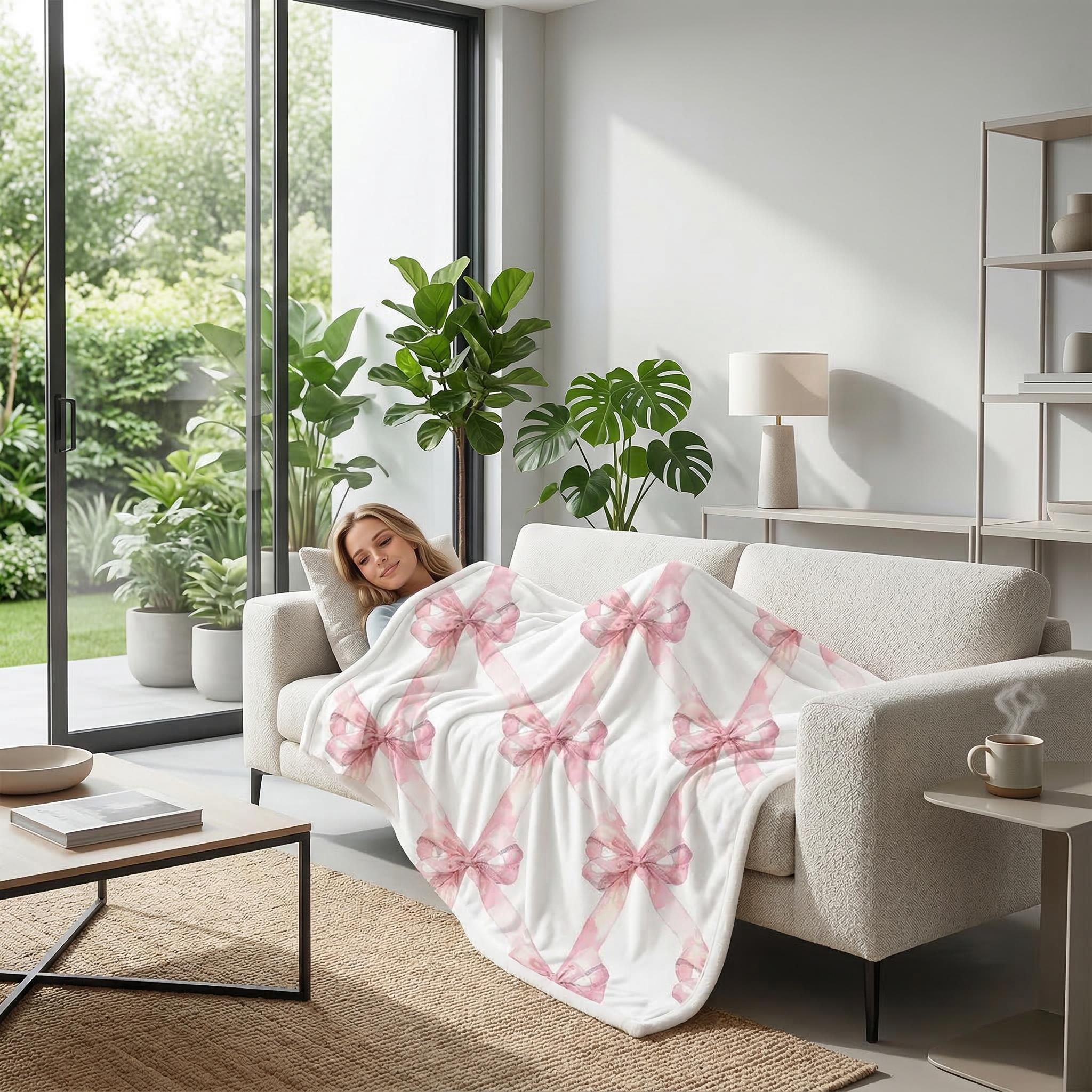 Woman napping on a sofa, covered by a white flannel blanket with a pink bow design.