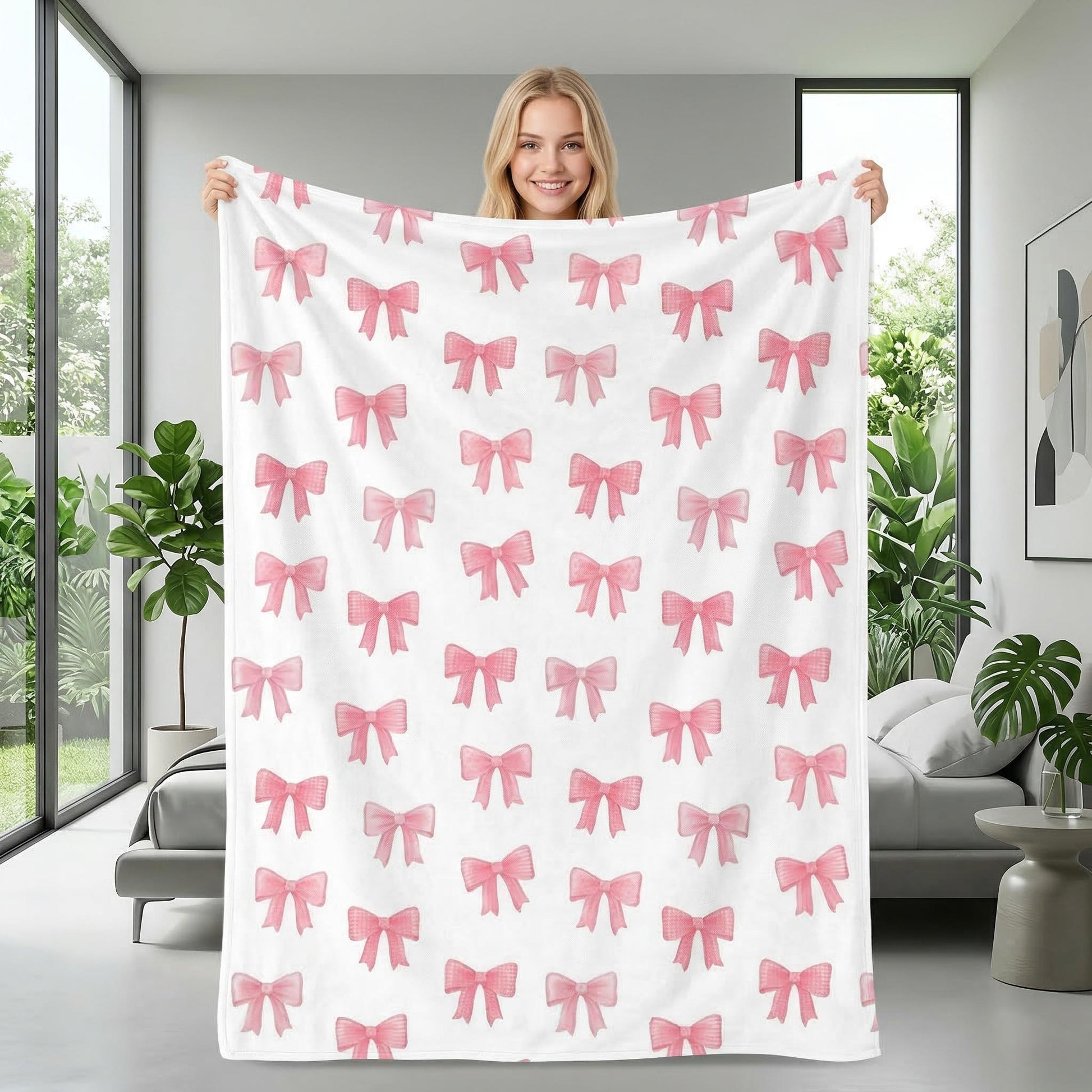 Smiling woman holding a white microfiber flannel blanket with a pink bow pattern.