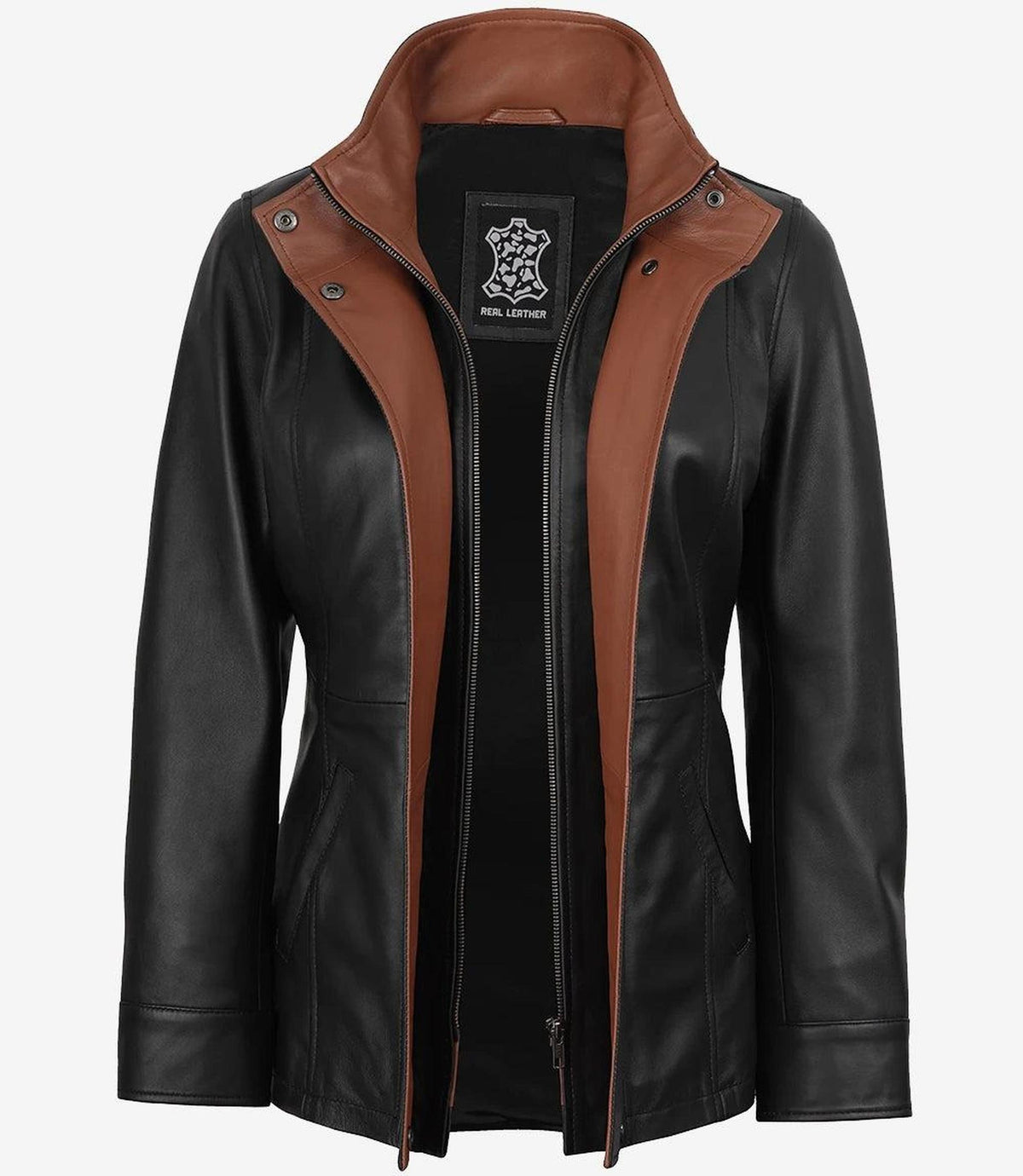 High-Collar Black Leather Jacket with Brown Accents-Leather Jackets-Glompi-Glompi