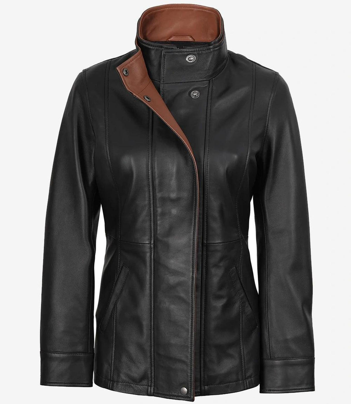 High-Collar Black Leather Jacket with Brown Accents-Leather Jackets-Glompi-Glompi