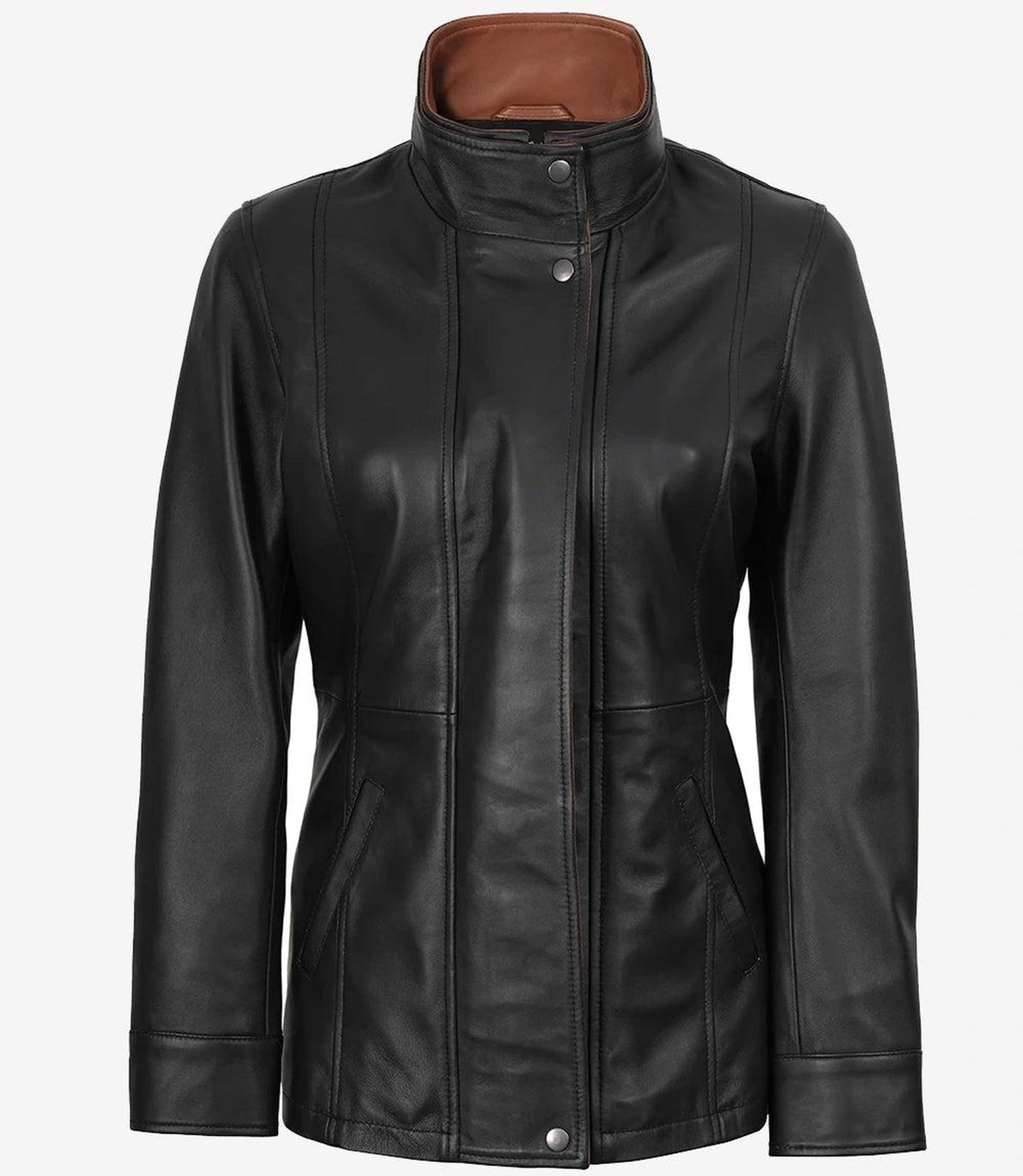 High-Collar Black Leather Jacket with Brown Accents-Leather Jackets-Glompi-Glompi