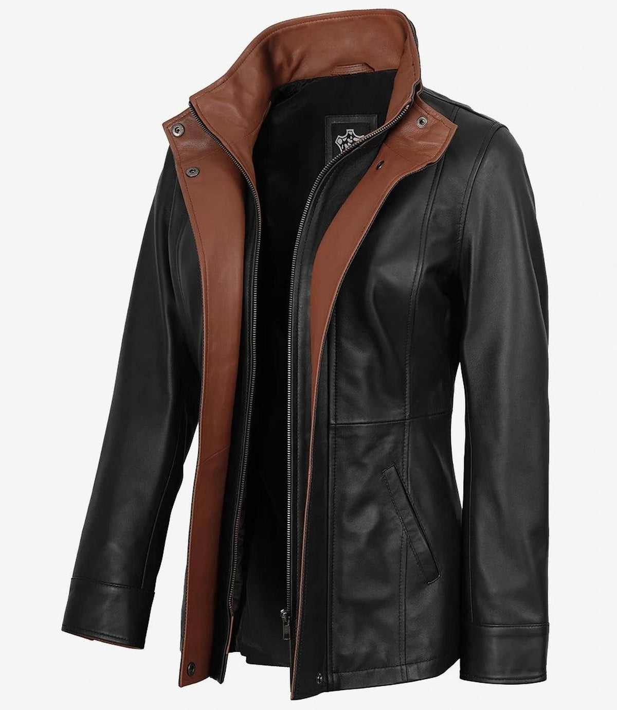 High-Collar Black Leather Jacket with Brown Accents-Leather Jackets-Glompi-XS-Glompi