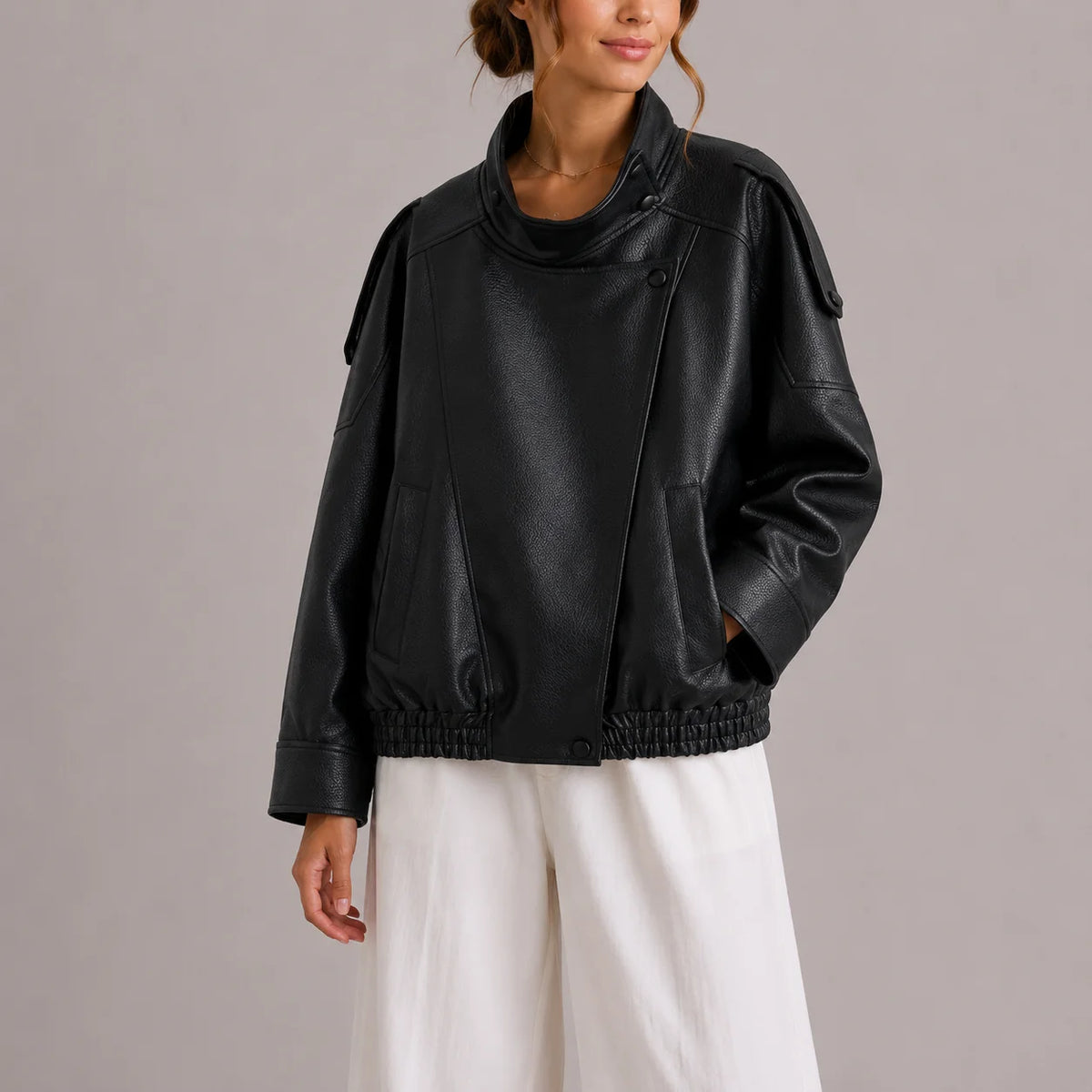 High Collar Faux Leather Jacket for Women 2
