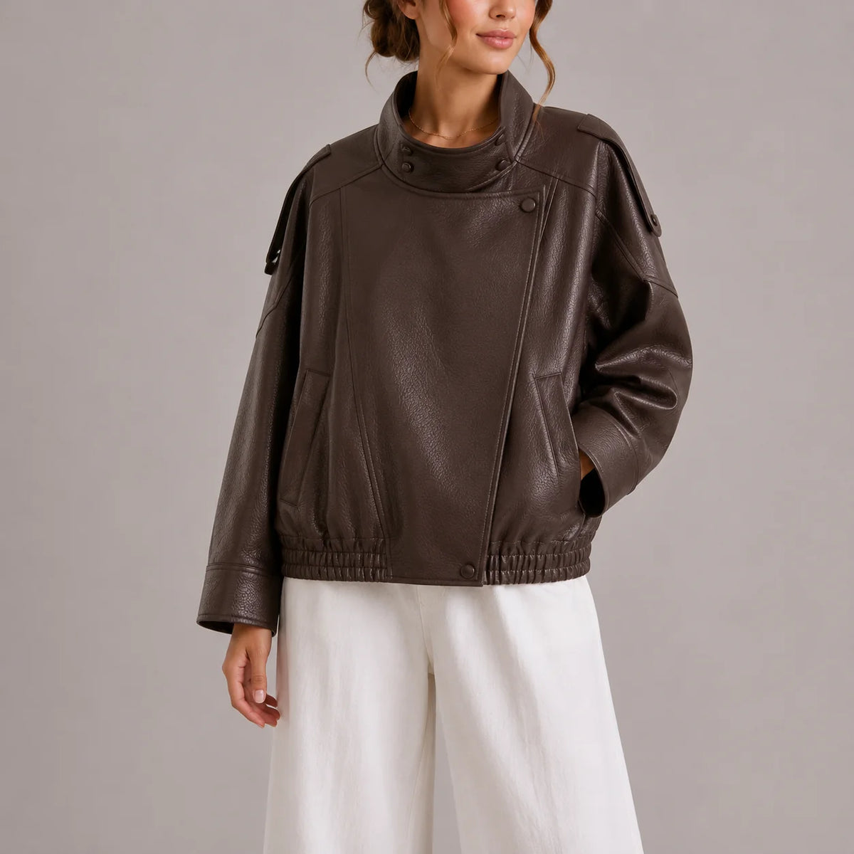 High Collar Faux Leather Jacket for Women 0