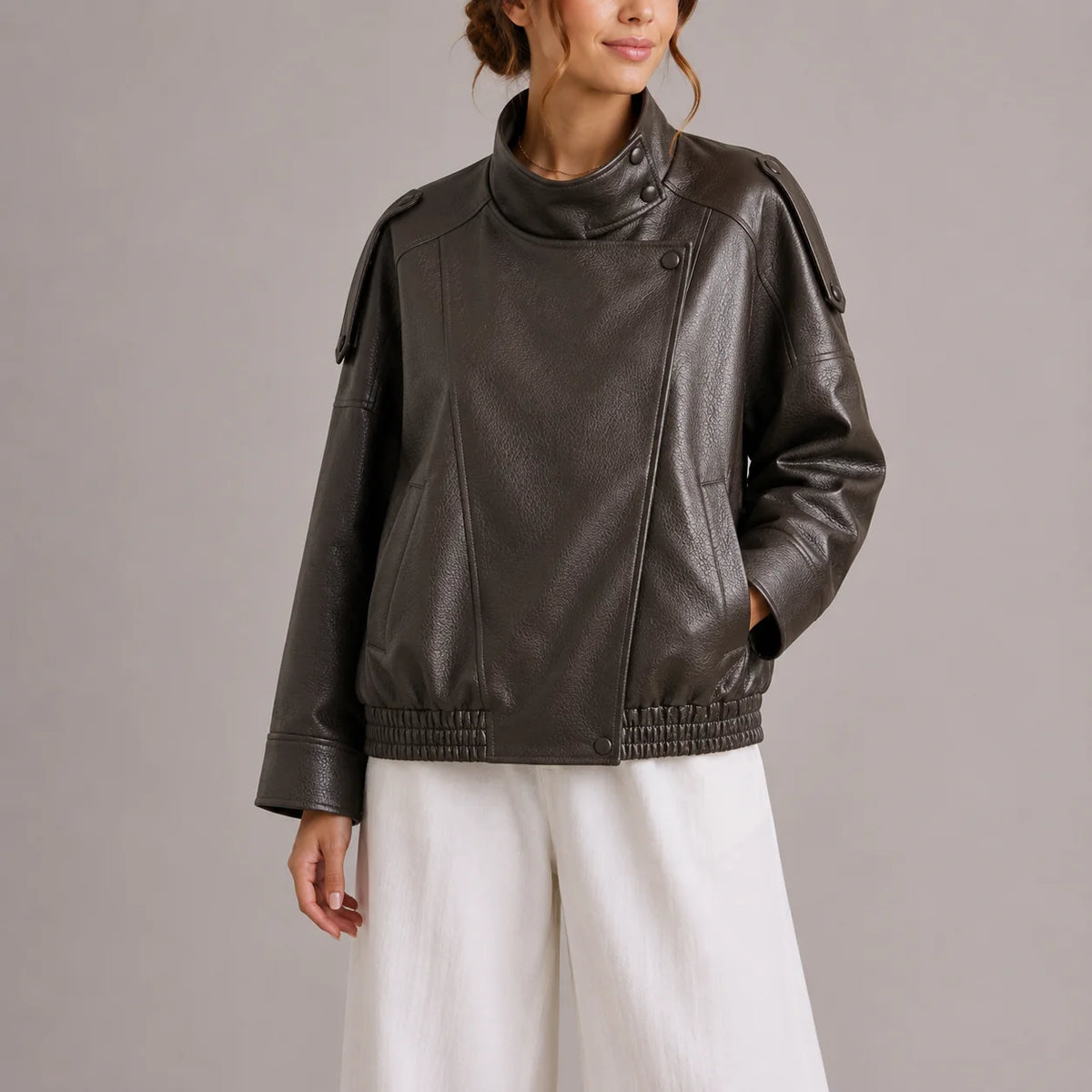 High Collar Faux Leather Jacket for Women 1