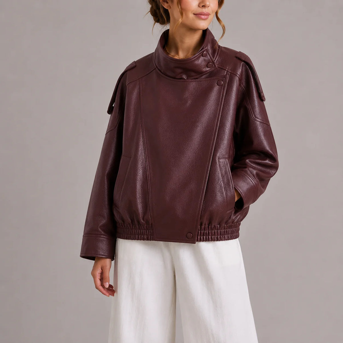High Collar Faux Leather Jacket for Women 3