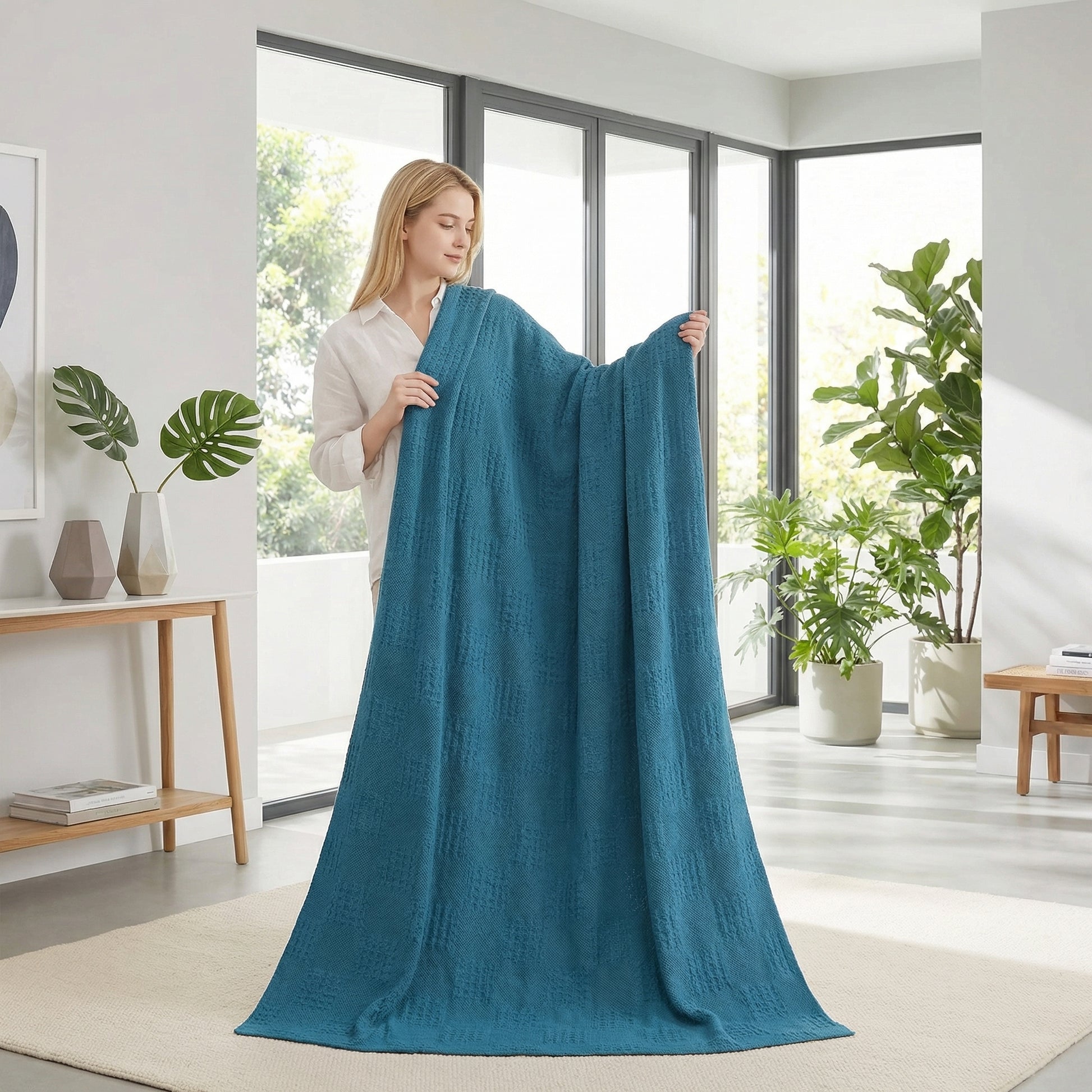 Woman holding up a teal blue cotton hollow knit summer blanket with a soft texture.