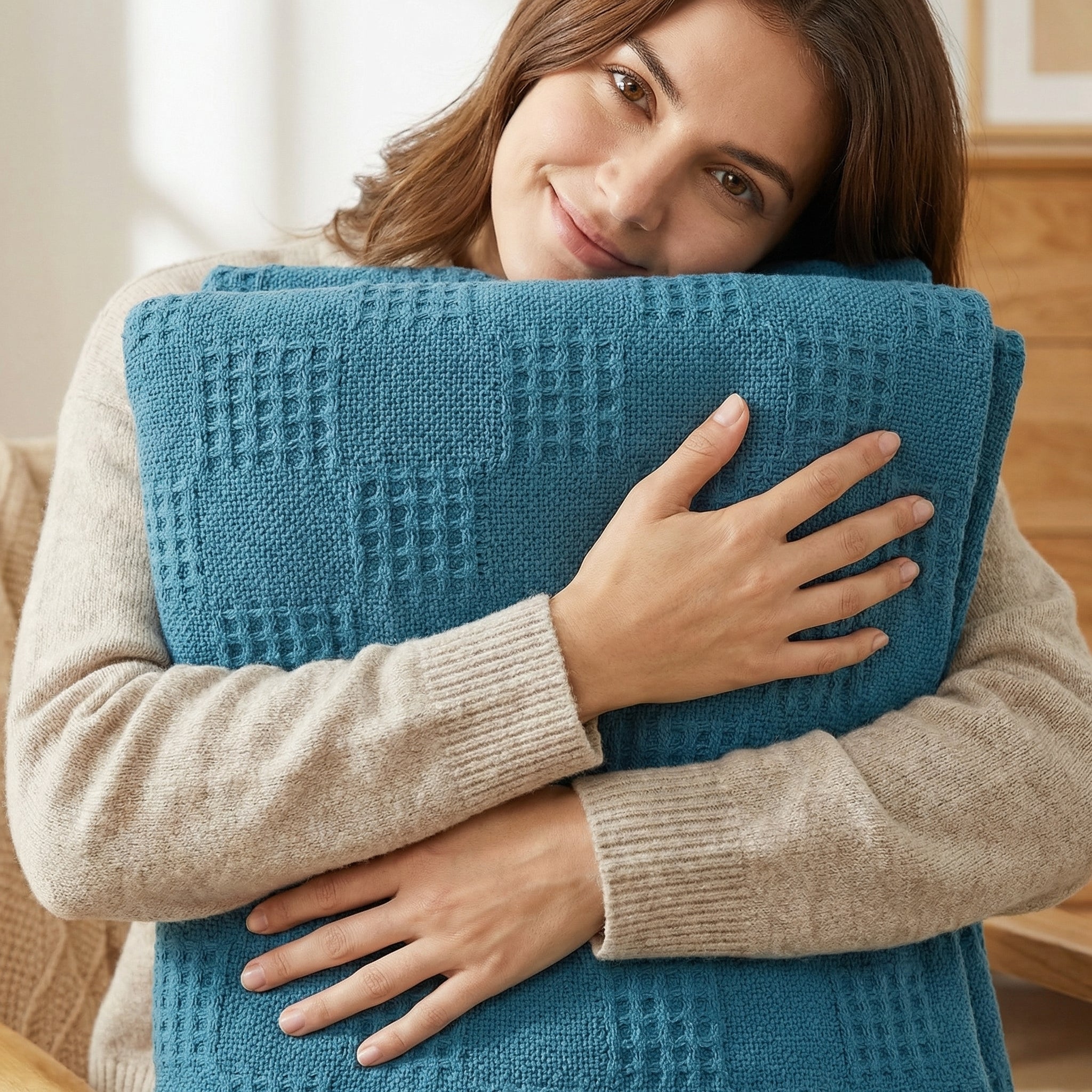 Smiling woman hugging a soft, teal blue hollow knit cotton summer blanket with a textured tatting design.