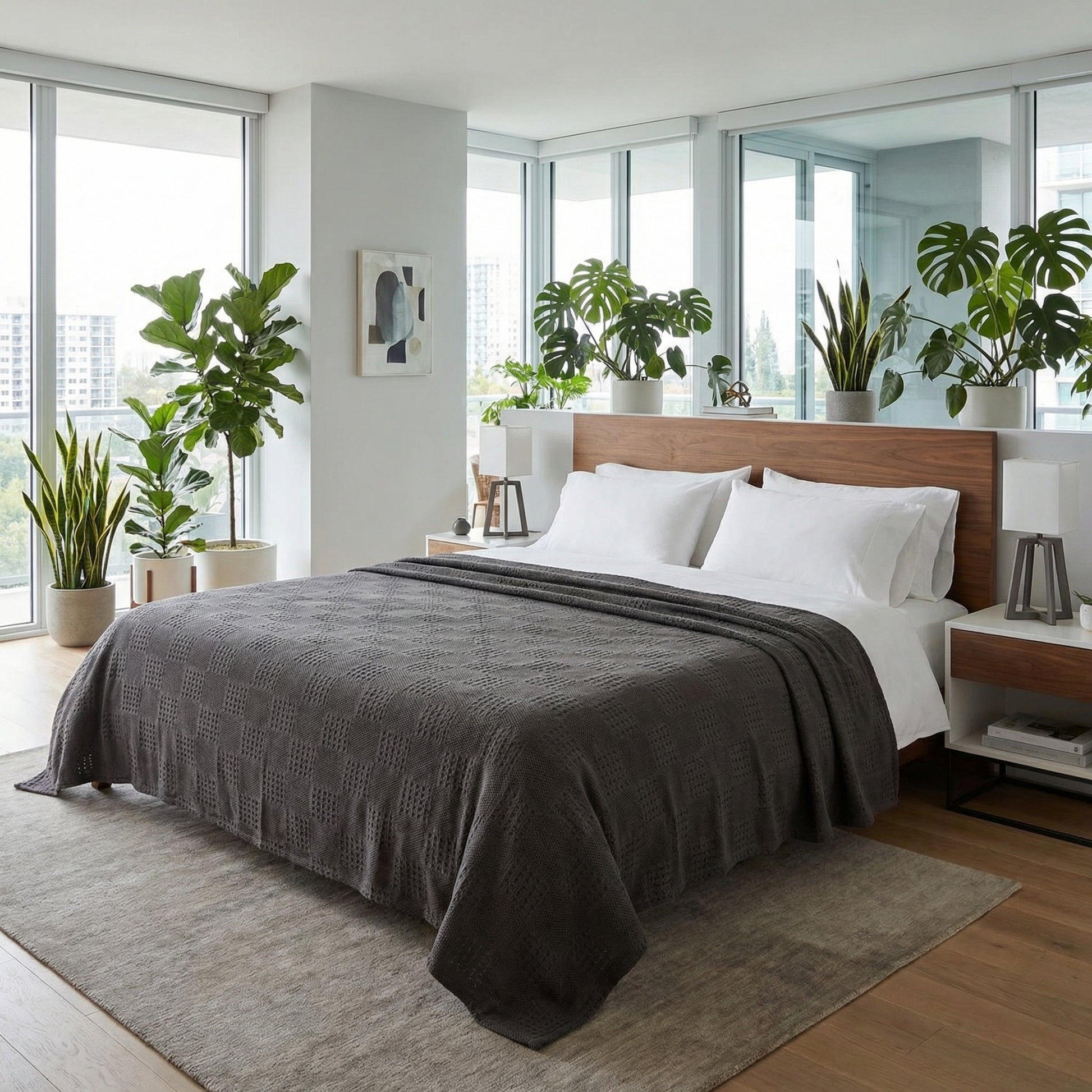 Dark gray hollow knit summer blanket on a queen bed in a bright, modern bedroom with plants.