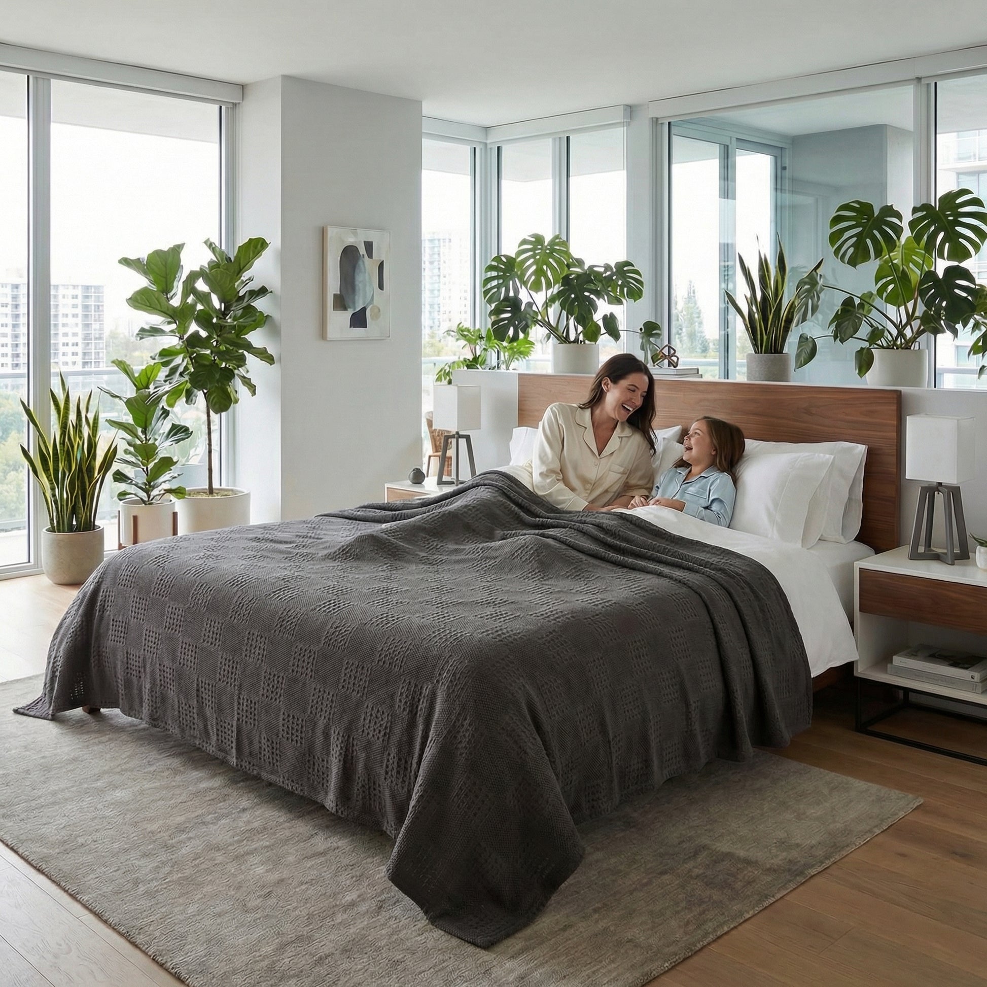 Mother and child laughing in bed with a dark gray hollow knit summer blanket.