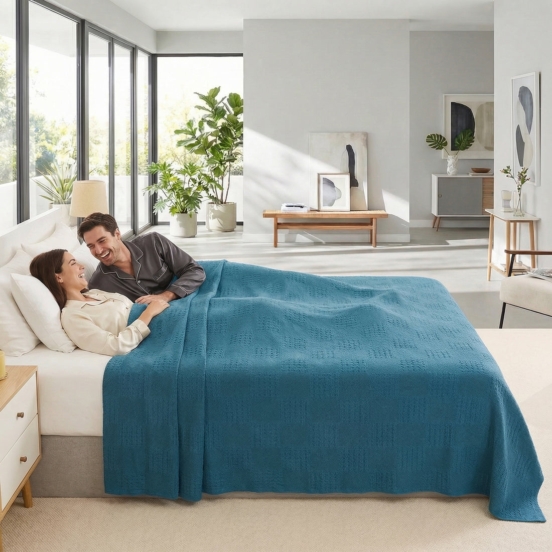 Couple relaxing in bed under a soft, breathable teal hollow knit summer blanket.