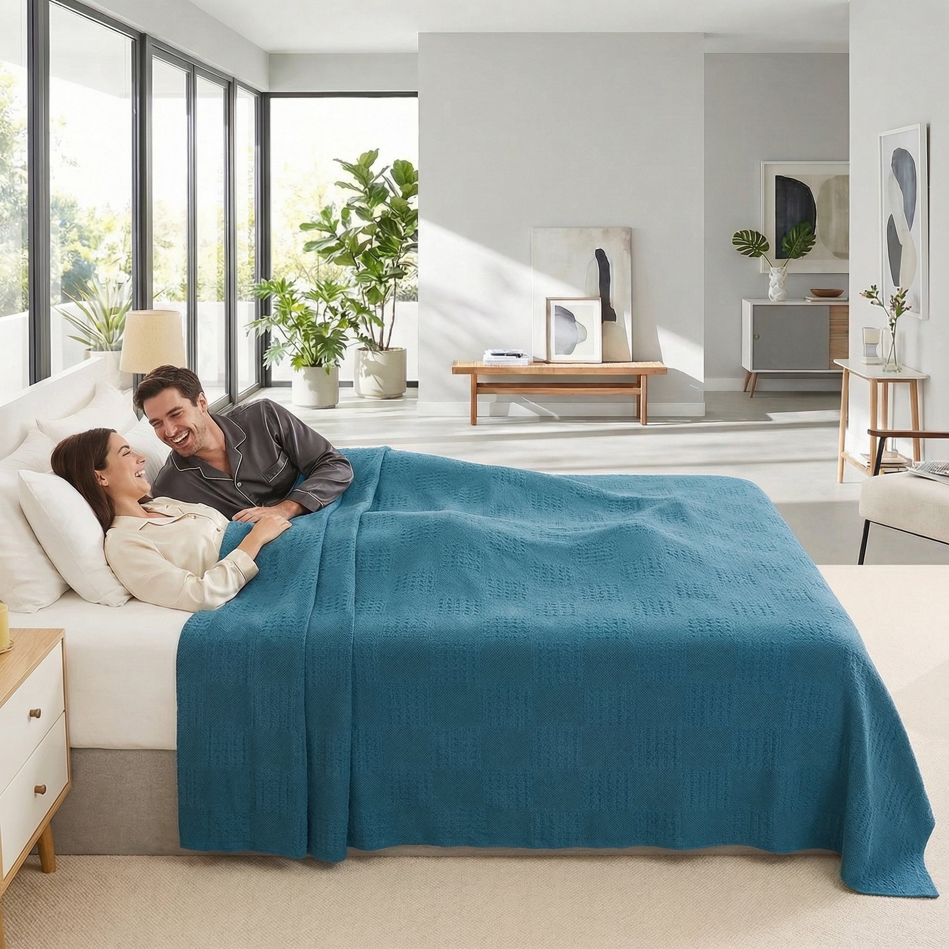 Couple relaxing in bed under a soft, breathable teal hollow knit summer blanket.