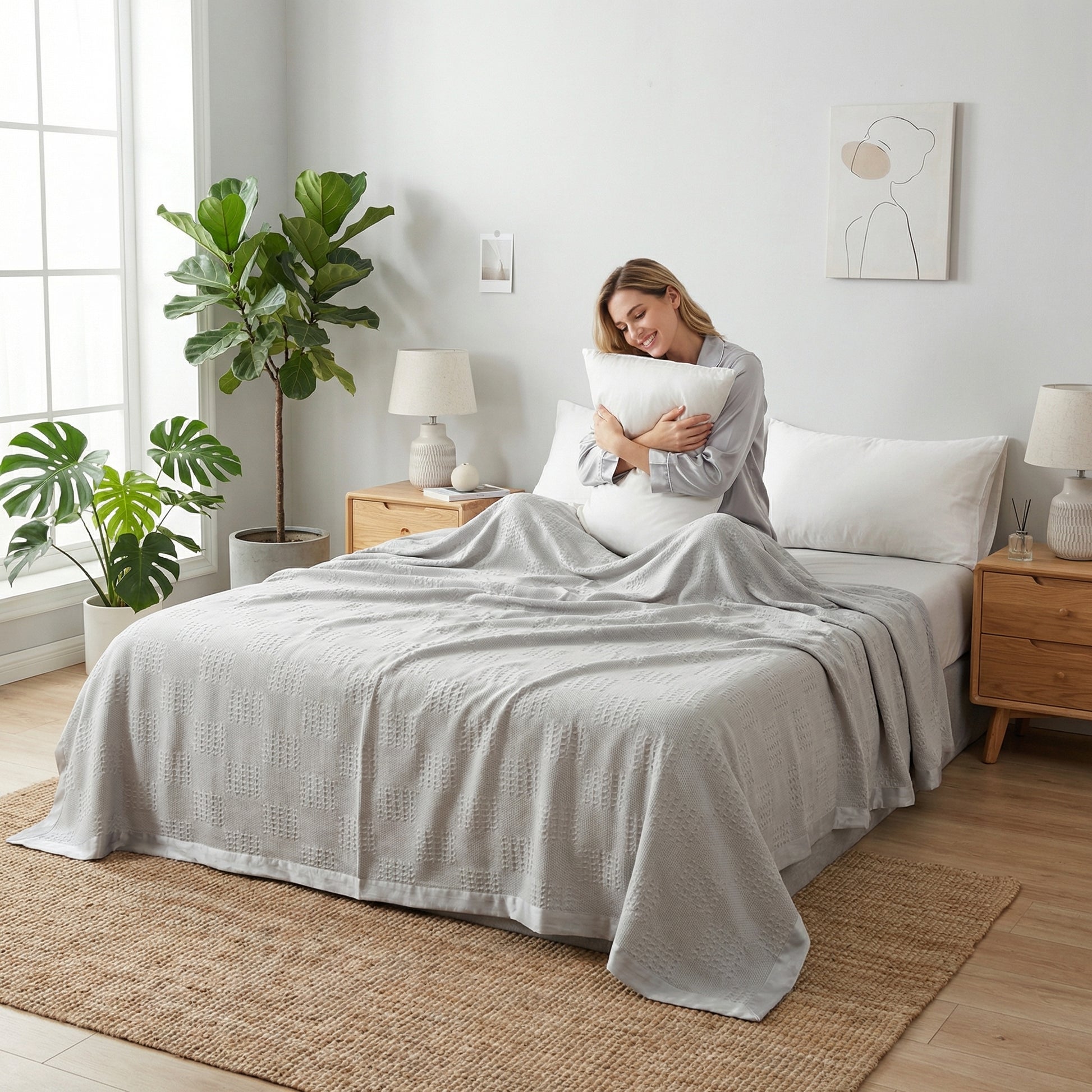 Smiling woman on a bed with a light gray cotton hollow knit summer blanket, holding a white pillow.