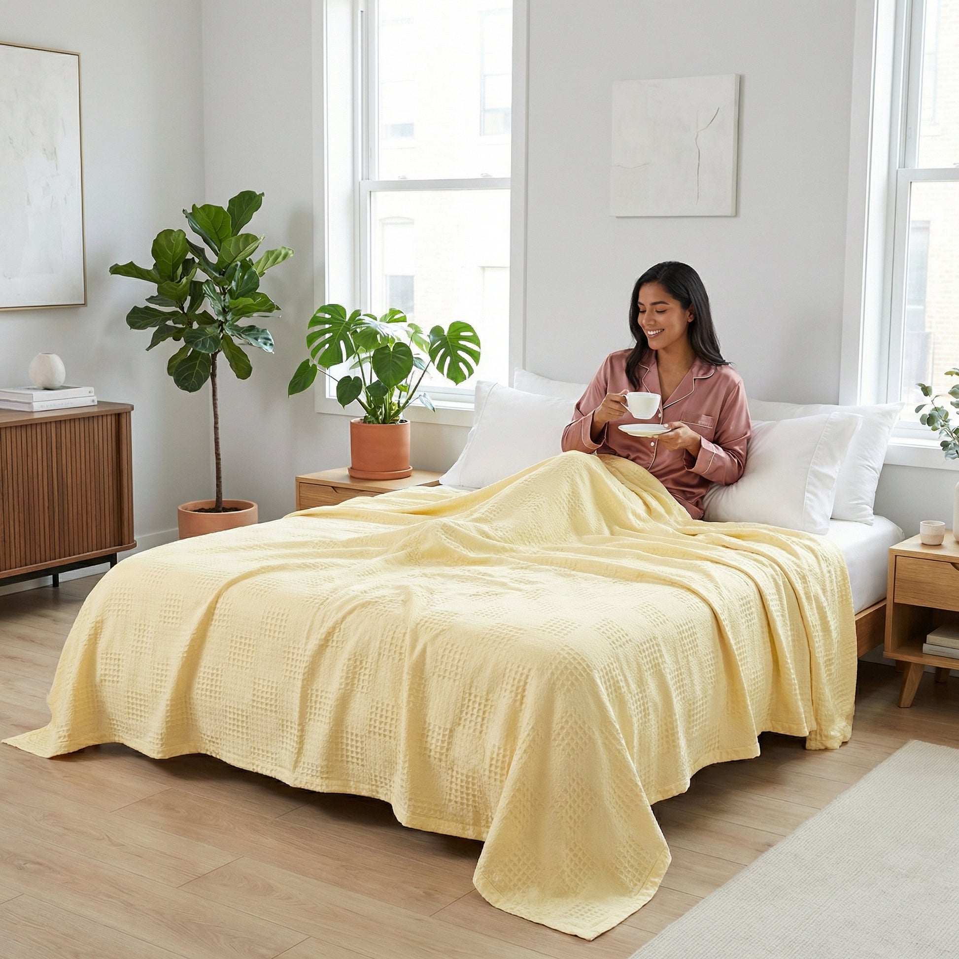 Smiling woman in pink pajamas enjoying coffee on a bed with a light yellow hollow knit summer blanket.
