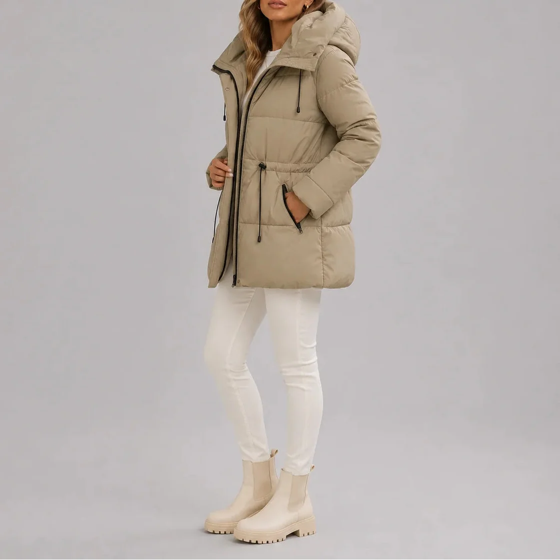 Hooded Black Puffer Jacket with Adjustable Waist and Zip Pockets 1