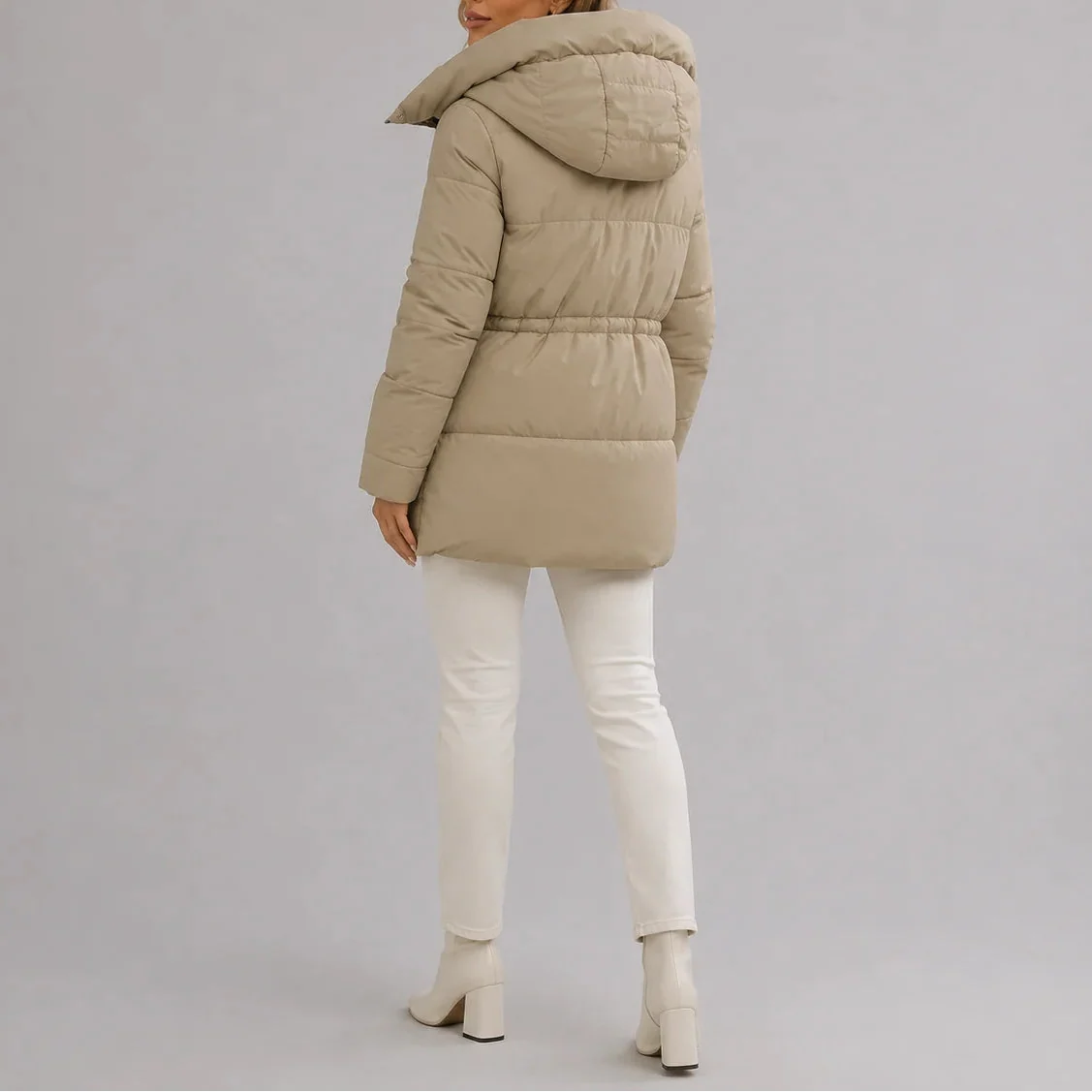 Hooded Black Puffer Jacket with Adjustable Waist and Zip Pockets 2