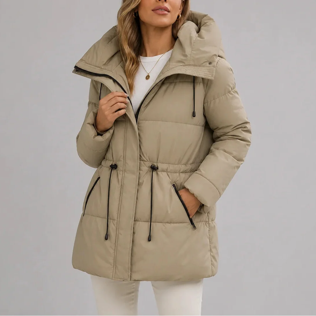 Hooded Black Puffer Jacket with Adjustable Waist and Zip Pockets 0