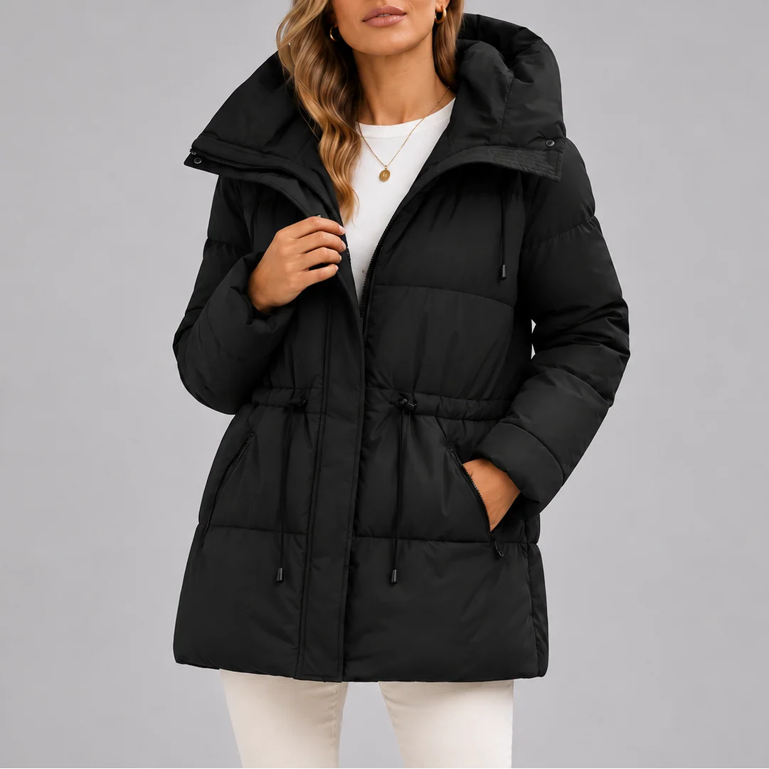 Hooded Black Puffer Jacket with Adjustable Waist and Zip Pockets 3