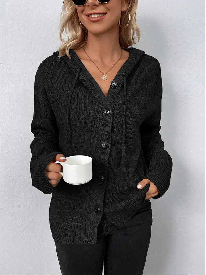 Hooded Knit Cardigan with Button Front Design 2