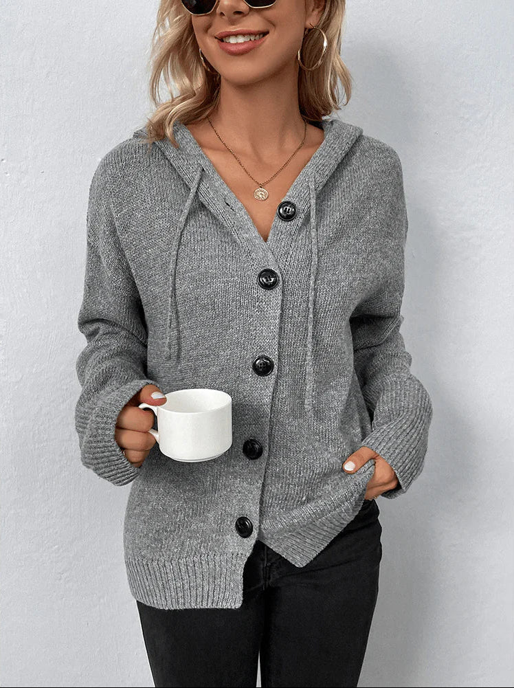Hooded Knit Cardigan with Button Front Design 0
