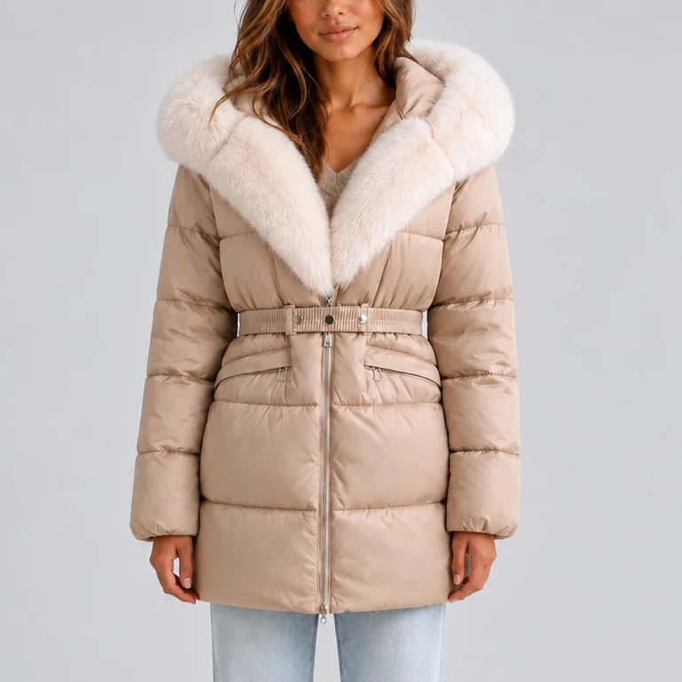 Hooded Puffer Coat with Faux Fur Trim and Adjustable Belt 0