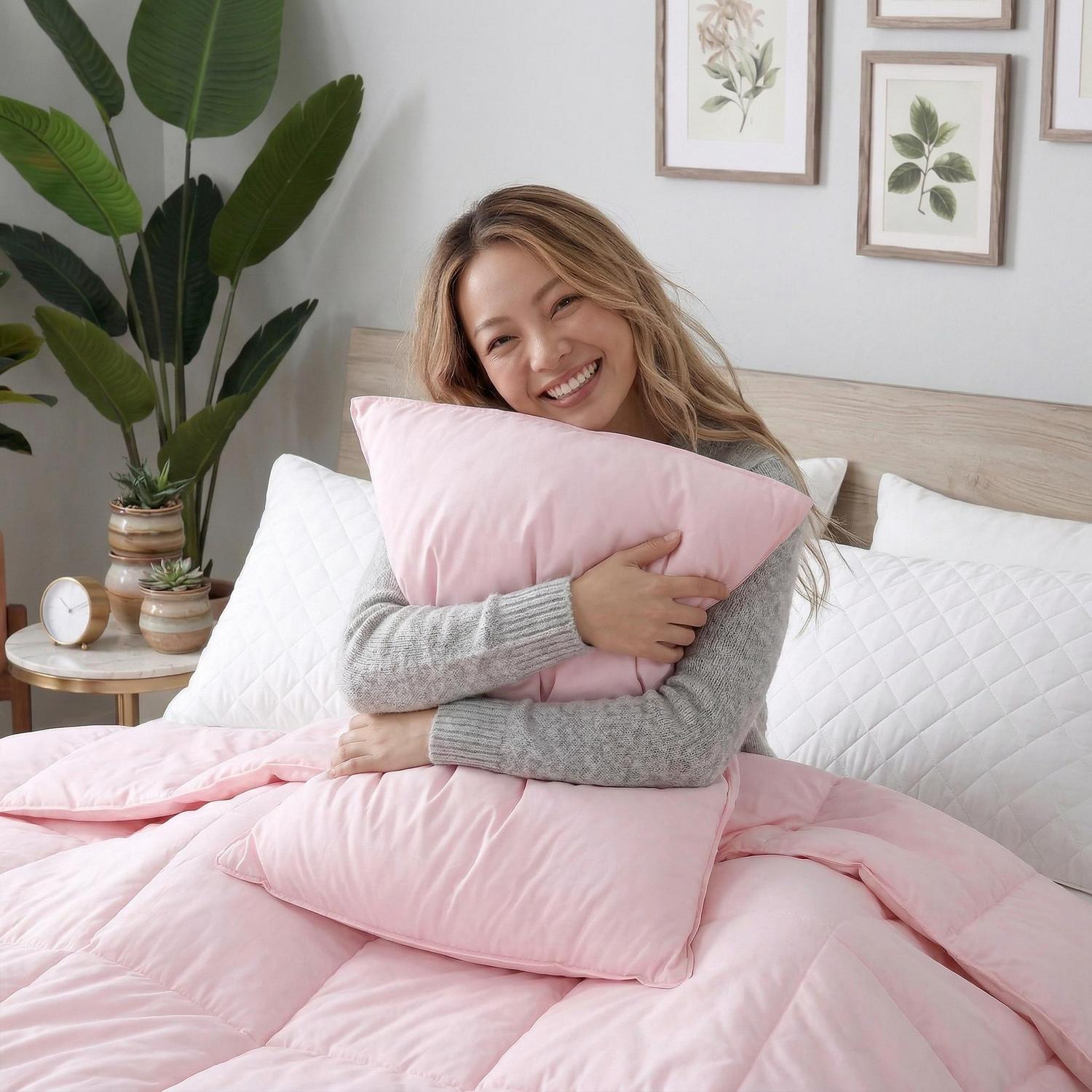 Smiling woman in a cozy bedroom, hugging a pink pillow on a plush, box-stitched pink down comforter.