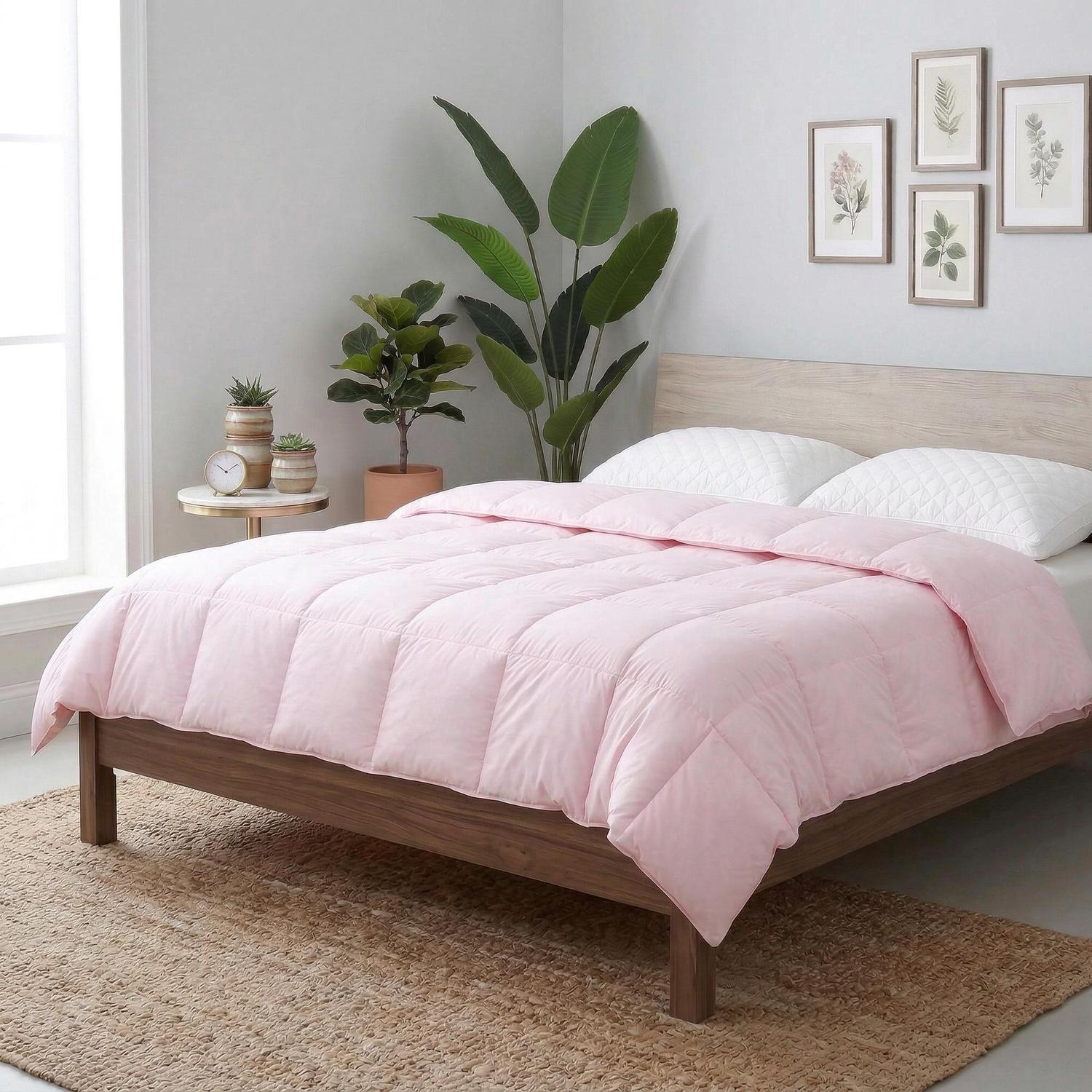 Pink Hotel-Style Down Comforter on a wooden bed, featuring box-stitched design and plush texture.