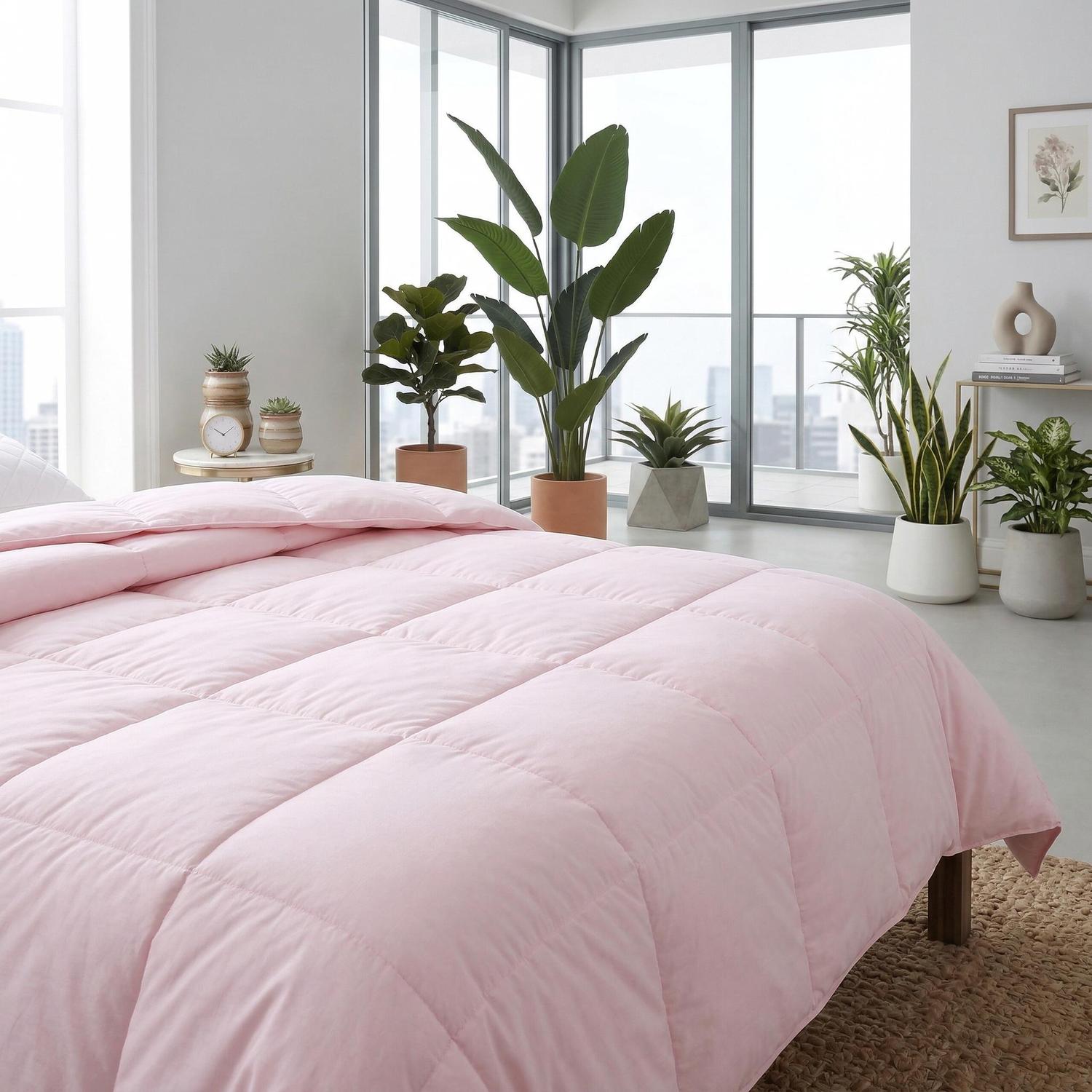 Pink box-stitched down comforter on a bed in a bright, modern bedroom with large windows and plants.