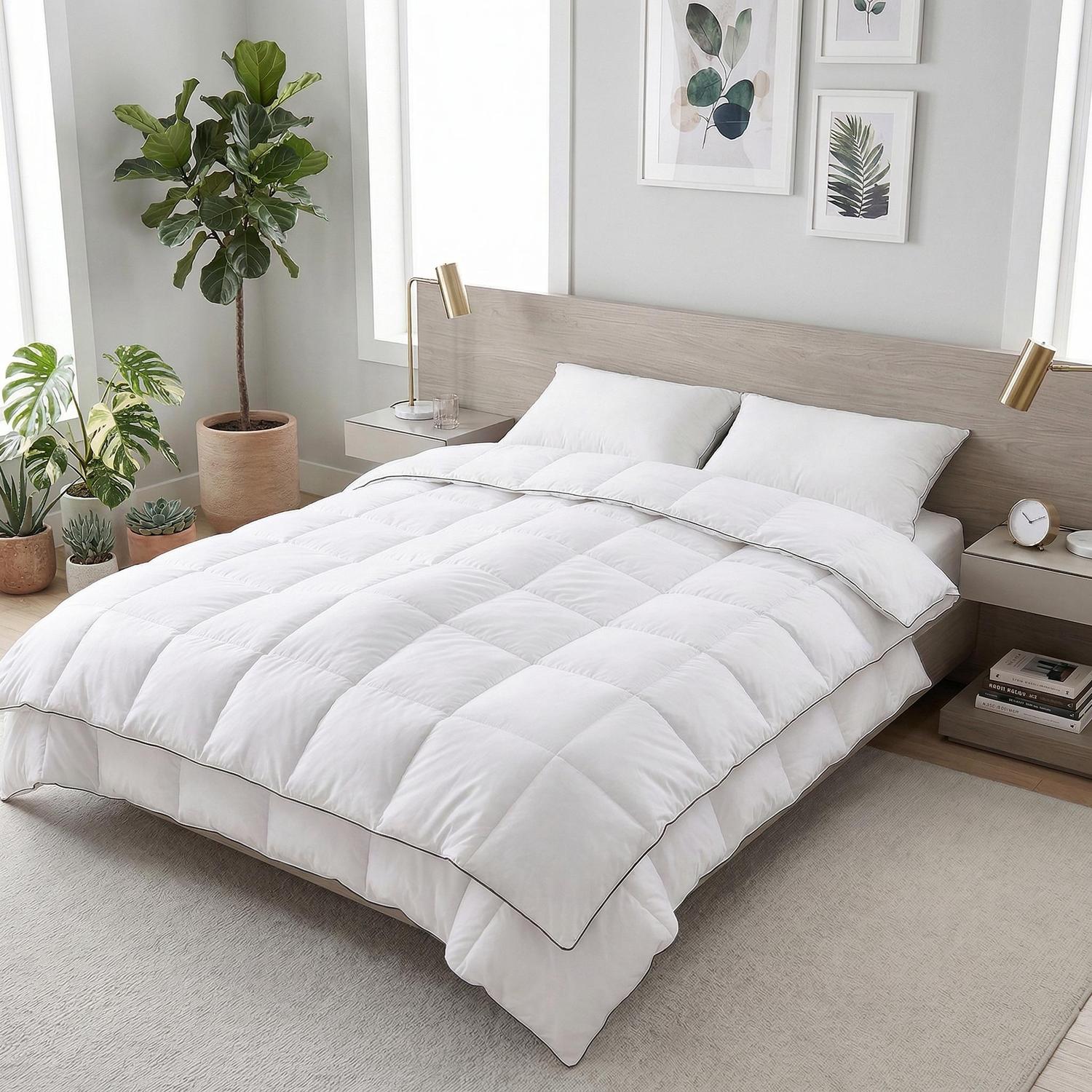 White hotel-style down comforter with box-stitched construction and a subtle gray trim on a queen bed.