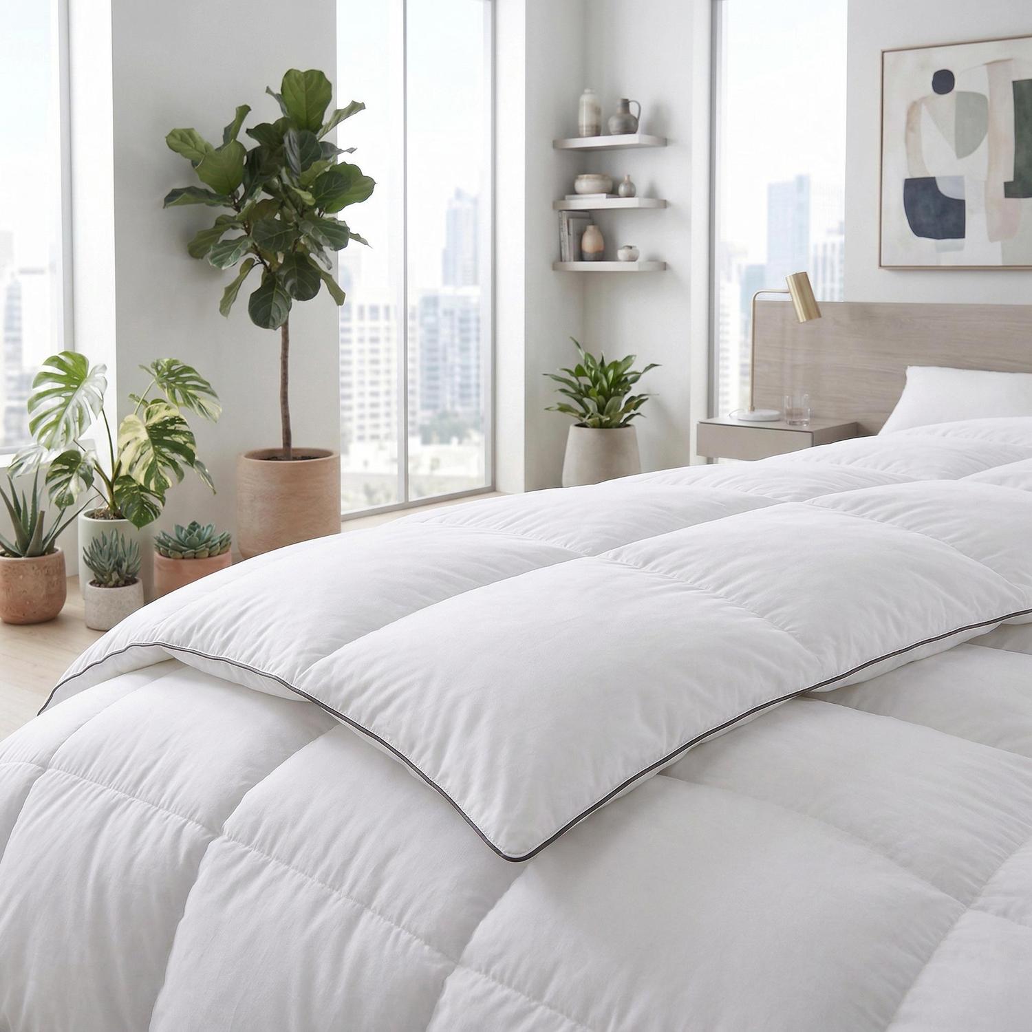 White hotel-style down comforter with box-stitched construction and gray piping on a bed in a bright bedroom.