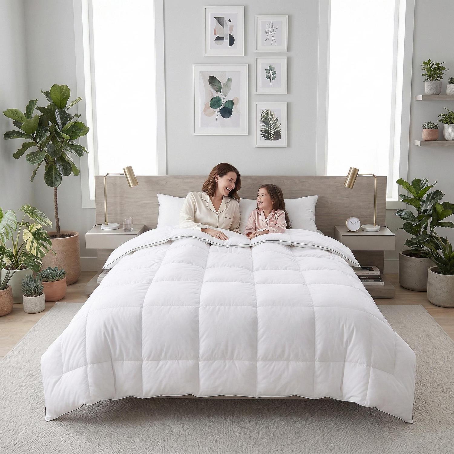 White box-stitched down comforter on a bed with a woman and child, surrounded by plants.