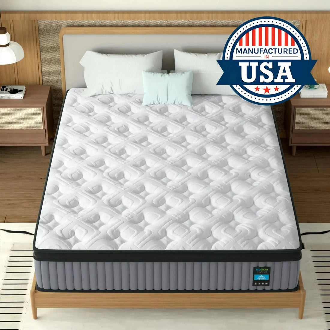 Woman sleeping on a hybrid memory foam and pocket spring mattress with a visible multi-layer cutaway design.