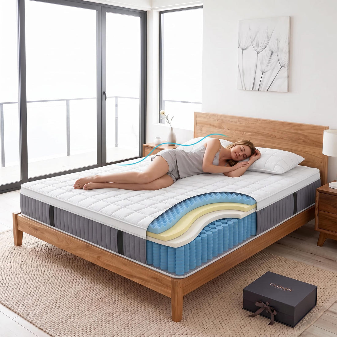 Woman sleeping on a hybrid memory foam and pocket spring mattress with a visible multi-layer cutaway design.
