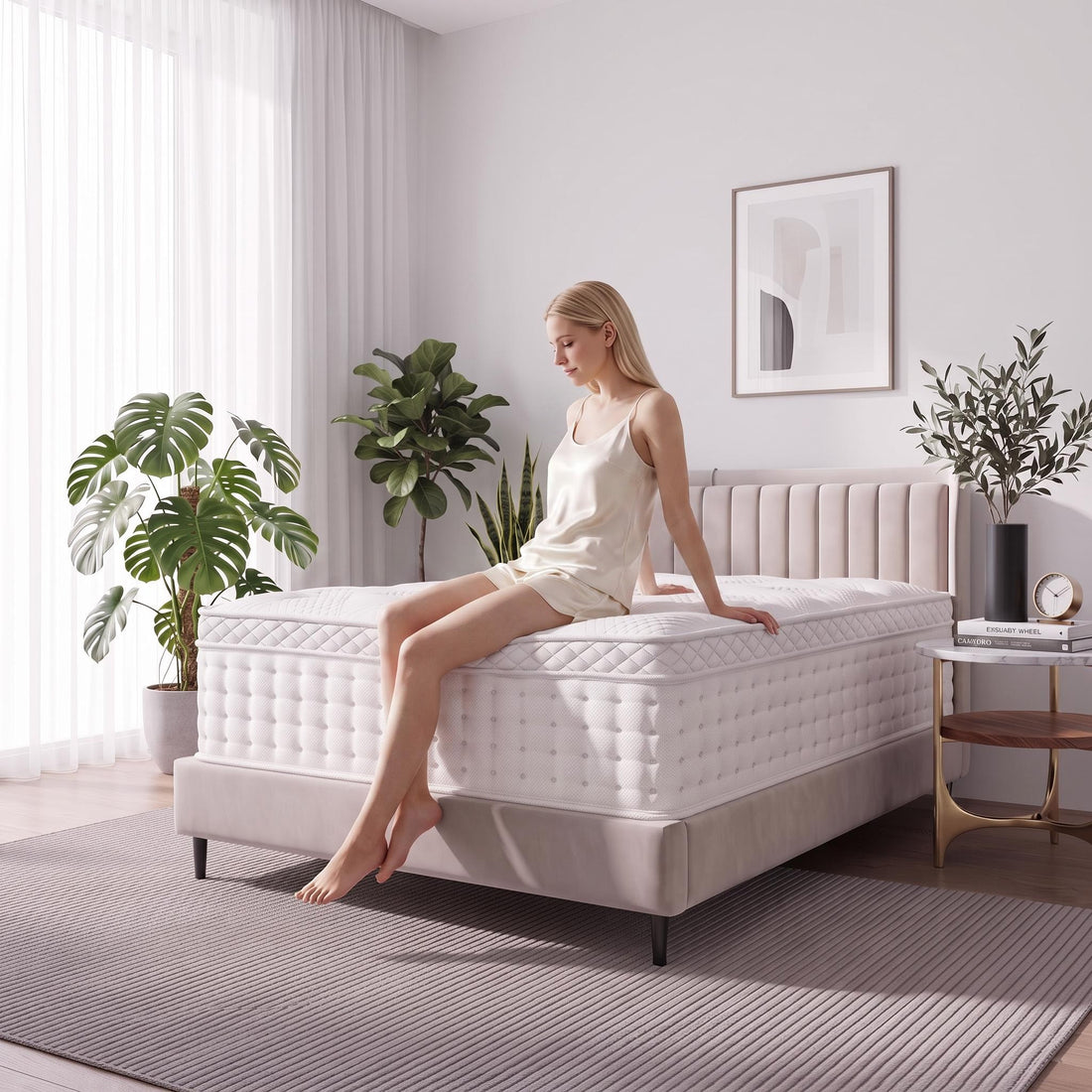 Woman sitting on a white queen-size hybrid mattress with pocket springs and tufted memory foam in a modern bedroom.