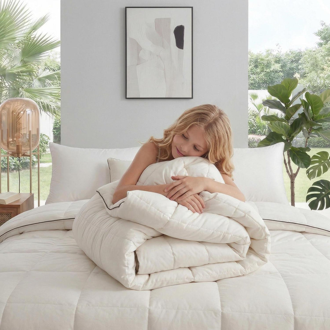 Couple smiling under a white quilted cooling blanket in a modern bedroom with large windows and plants.