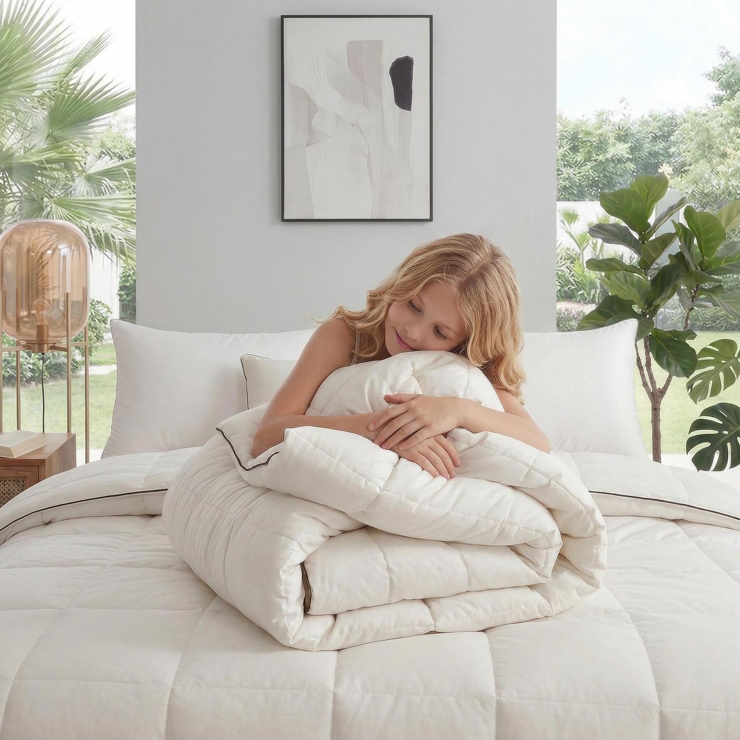 Blonde woman hugging a folded white cooling quilt with brown trim on a bed in a bright bedroom.